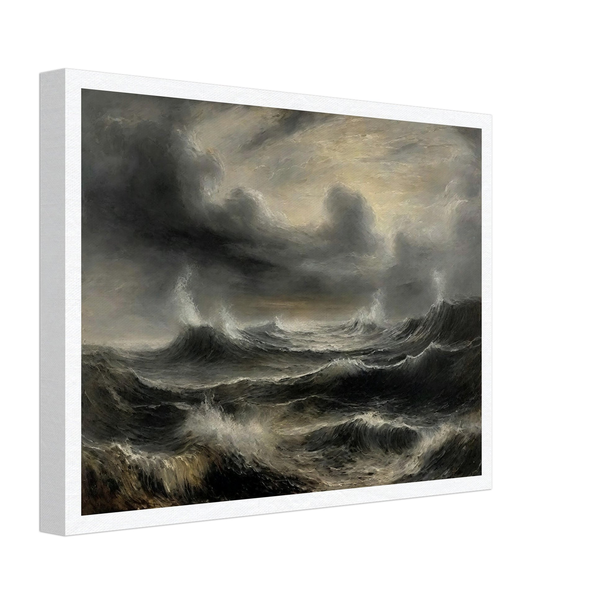 A dramatic painting of a stormy sea with dark, turbulent waves and ominous clouds. The swirling, textured brushstrokes capture the intensity and power of the ocean during a tempest.
