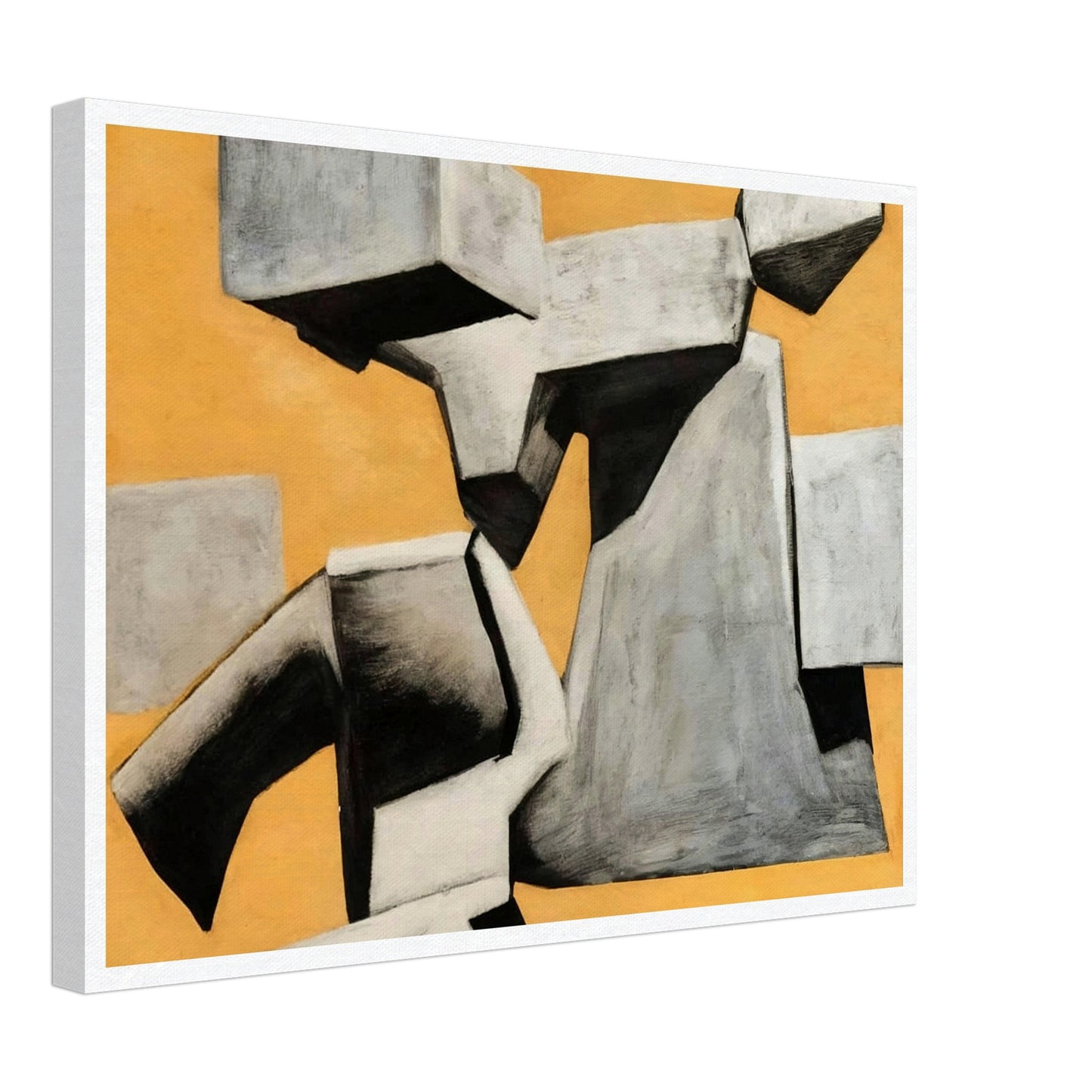 An abstract composition of floating and intersecting gray geometric shapes, set against a warm, textured orange background, creating a sense of movement and contrast.