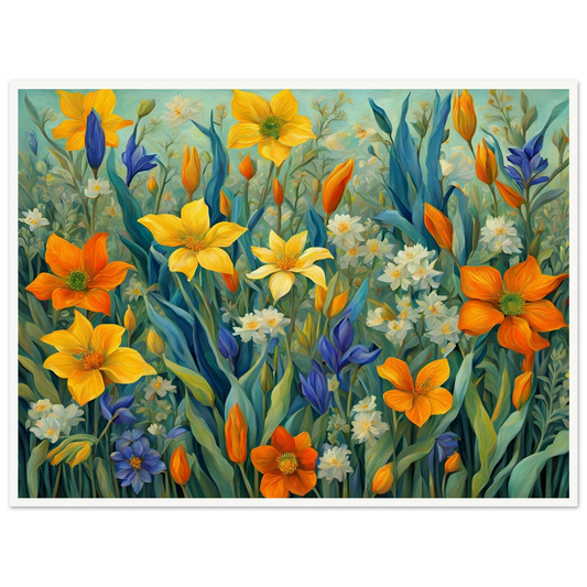 A vibrant floral field bursting with yellow, orange, and blue wildflowers, surrounded by lush green foliage in a soft sunlit setting.