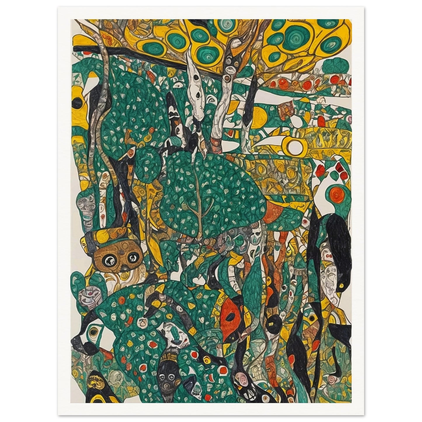 An intricate and colorful painting depicting a whimsical jungle scene with abstract shapes and vibrant green, yellow, and orange hues.