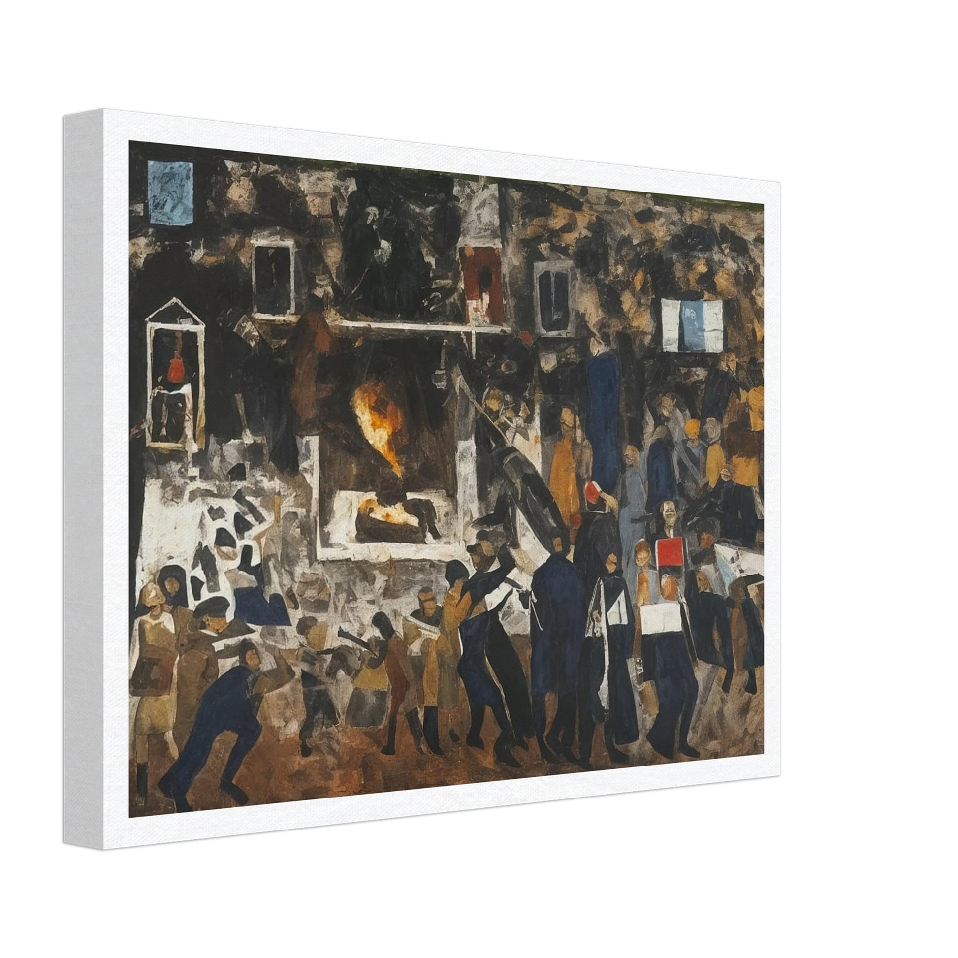 A powerful depiction of a crowded protest scene with figures in motion, conveying the energy and tension of a moment of social unrest.