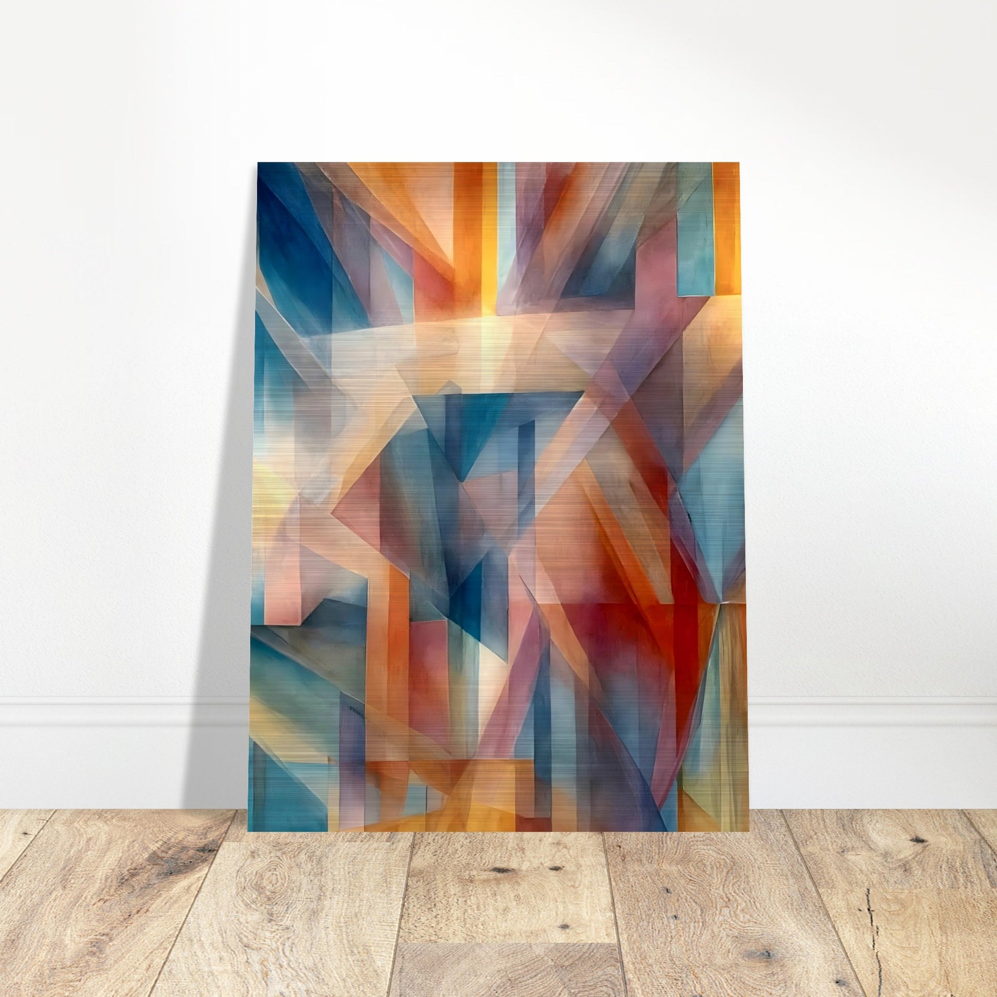 An abstract geometric artwork with interlocking shapes in warm oranges, reds, and cool blues, blending together to create a sense of depth and shifting light.