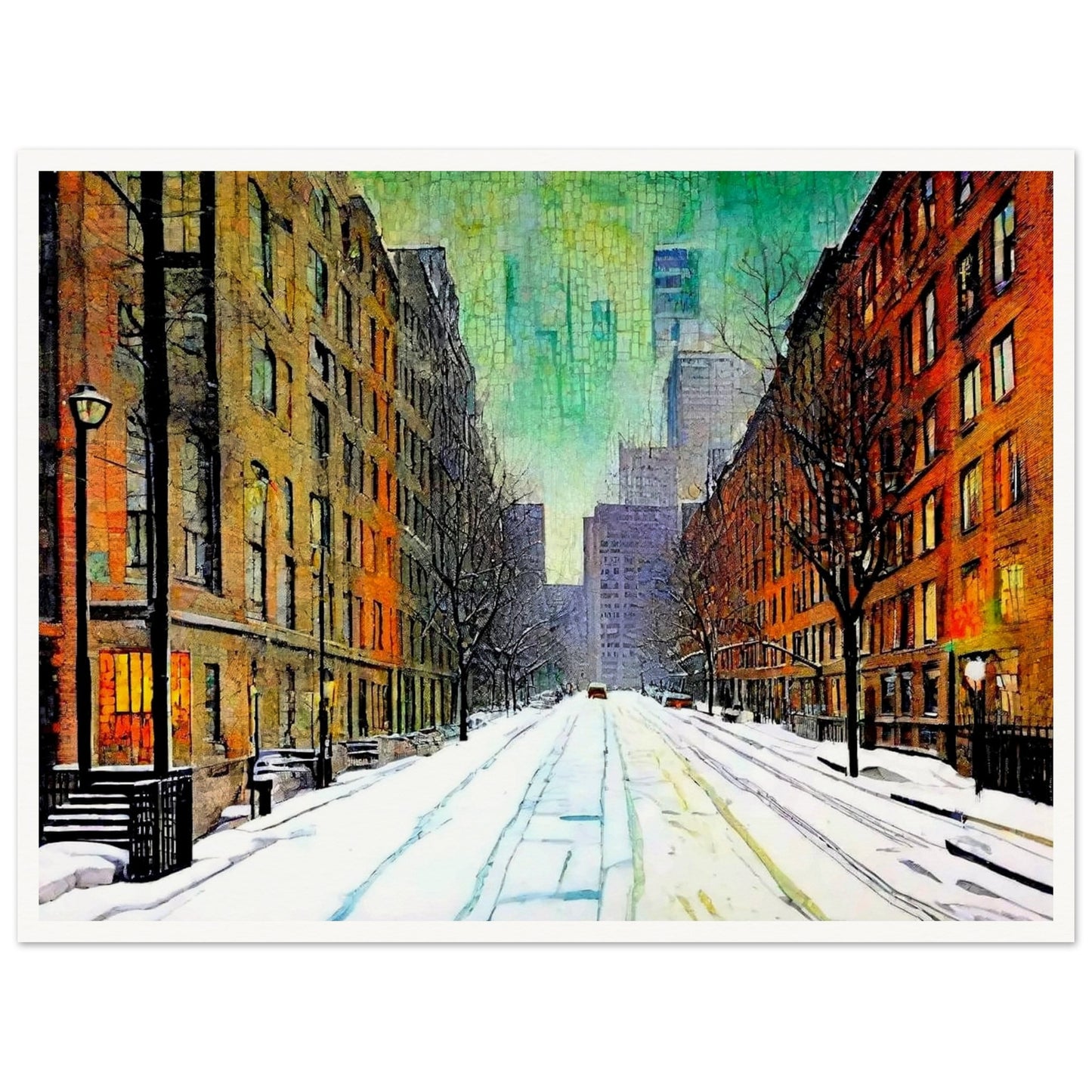A quiet, snow-covered city street lined with tall buildings on either side, leading to a misty skyline of skyscrapers under a greenish winter sky, evoking peaceful urban solitude.