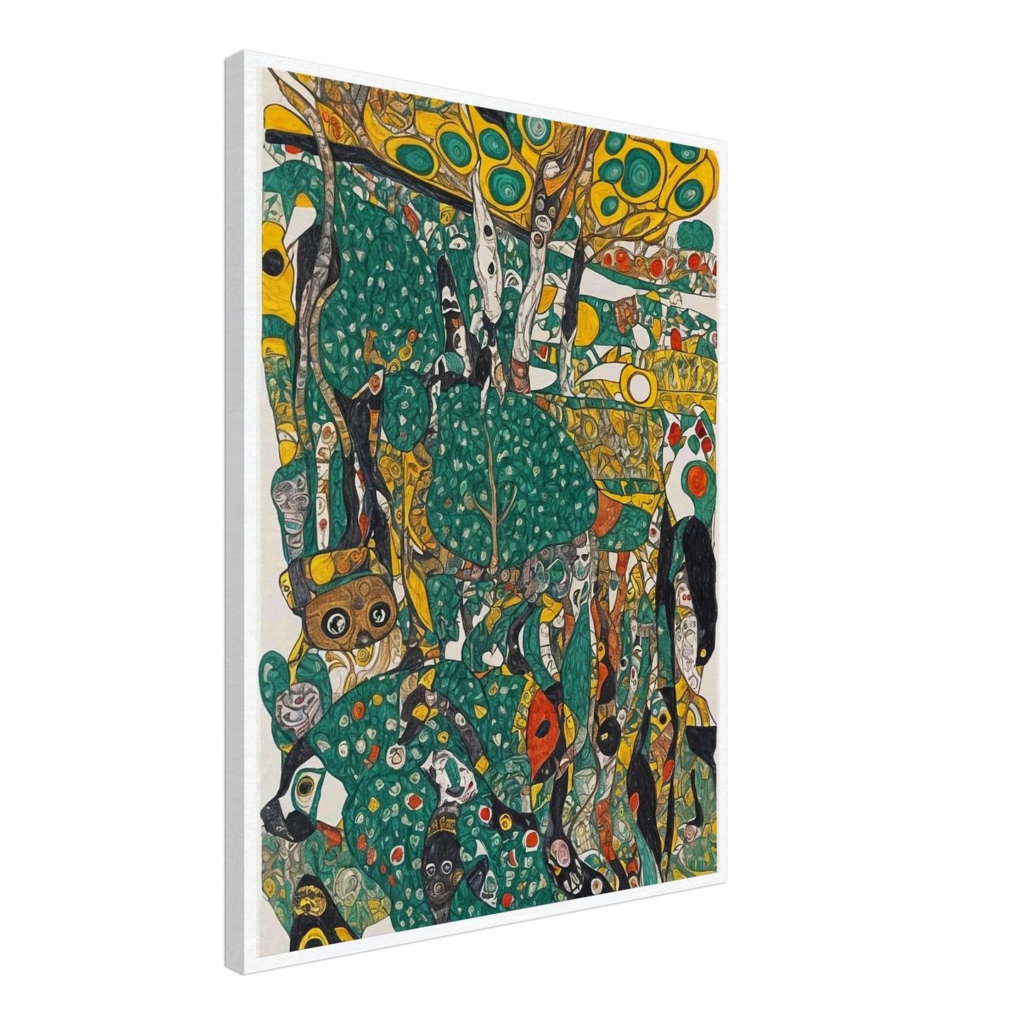 An intricate and colorful painting depicting a whimsical jungle scene with abstract shapes and vibrant green, yellow, and orange hues.