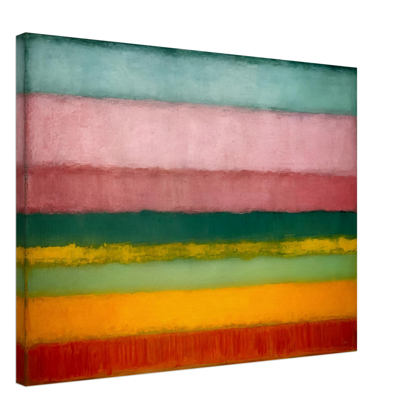 A minimalist painting of horizontal color bands fading softly from one to another in pink, green, yellow, and red tones.