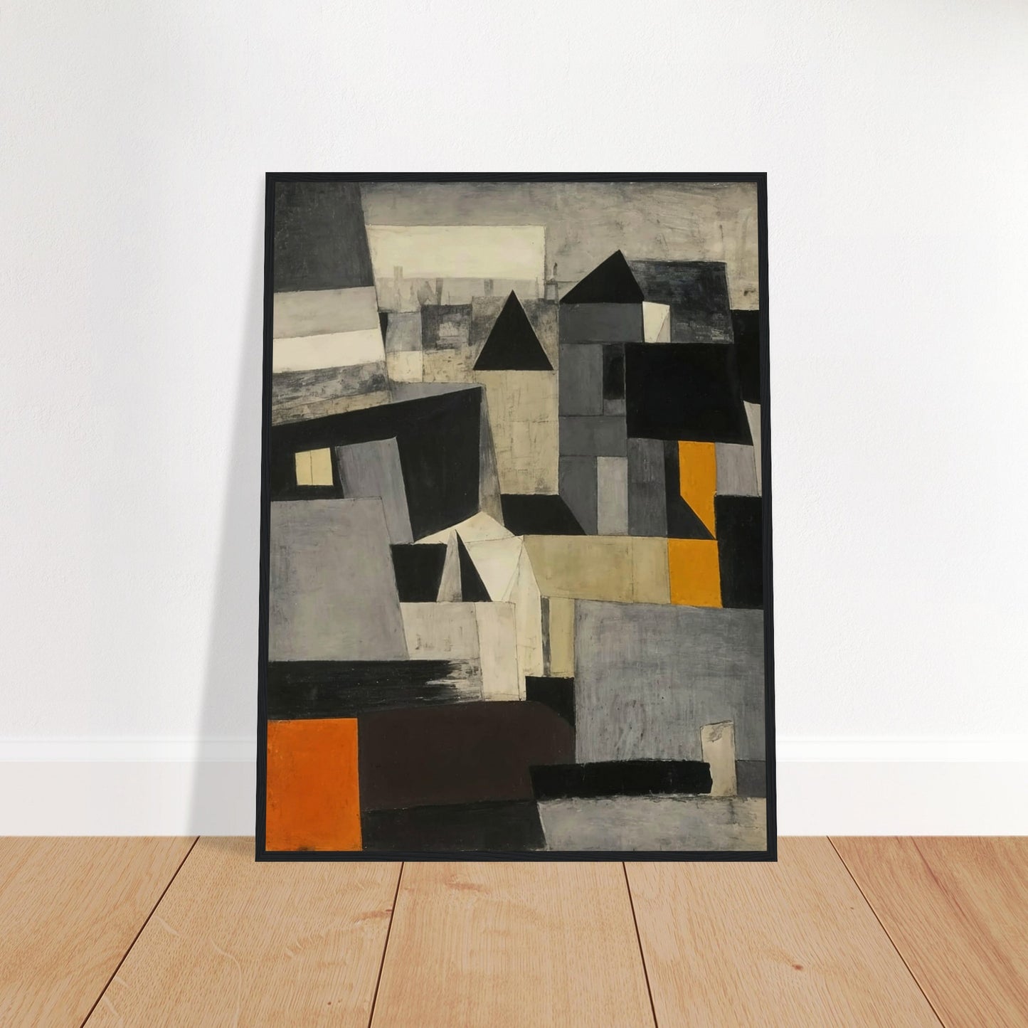 A dynamic composition of fragmented cityscape elements in shades of gray, black, and orange, creating an intriguing visual narrative.