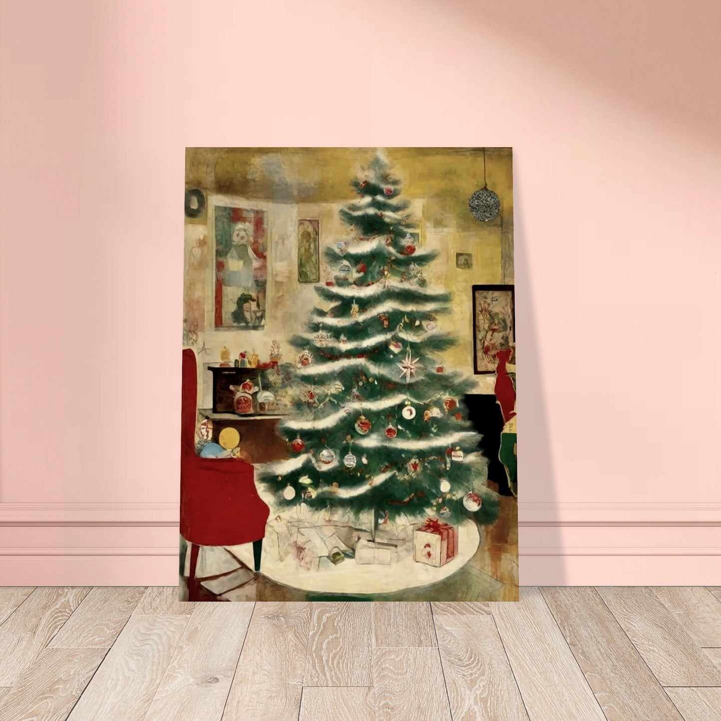 A cozy living room scene featuring a beautifully decorated Christmas tree adorned with ornaments and surrounded by presents, evoking the warmth of the holiday season.