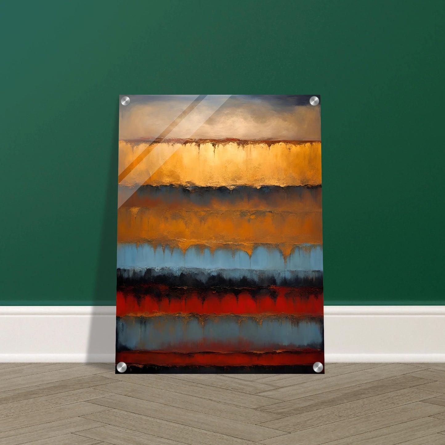 Rich bands of gold, rust, blue, and black flow like sediment layers in a moody, textured expression of earth and time.