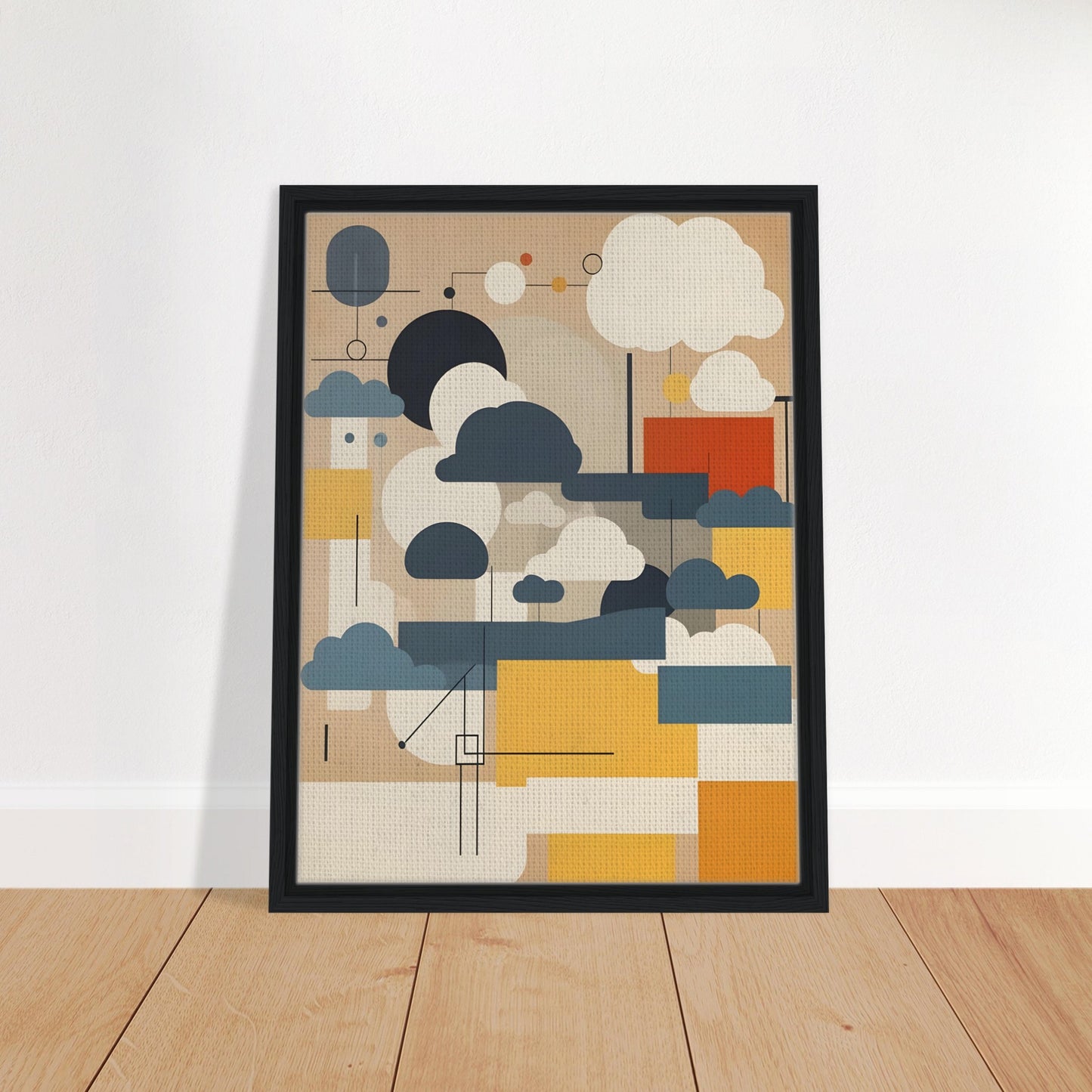 An abstract geometric artwork featuring stylized cloud shapes in white, gray, and blue, with rectangular blocks in yellow, beige, and red on a muted tan background.