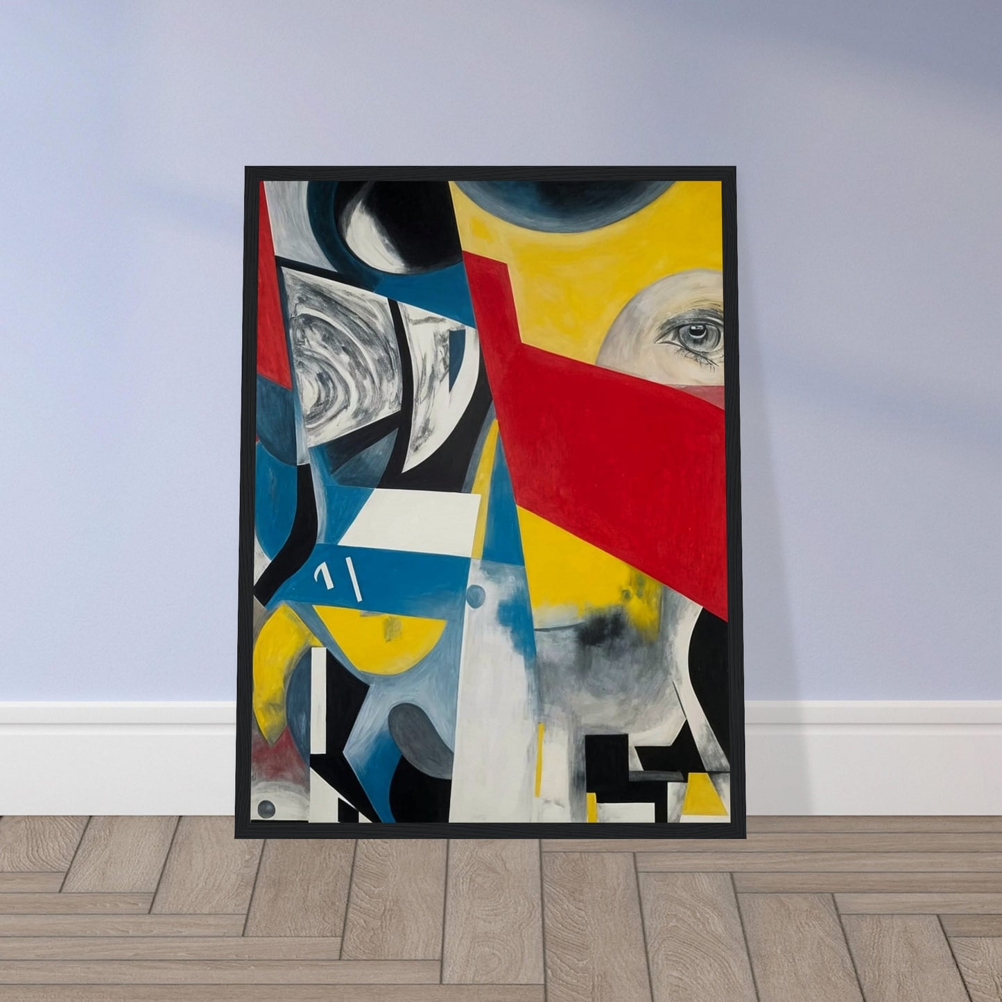 An abstract composition with bold geometric shapes in vibrant colors, including red, yellow, blue, and black. The image features an eye peeking through a red triangular shape, surrounded by swirling patterns and sharp angles, creating a sense of disjointed perception and complexity
