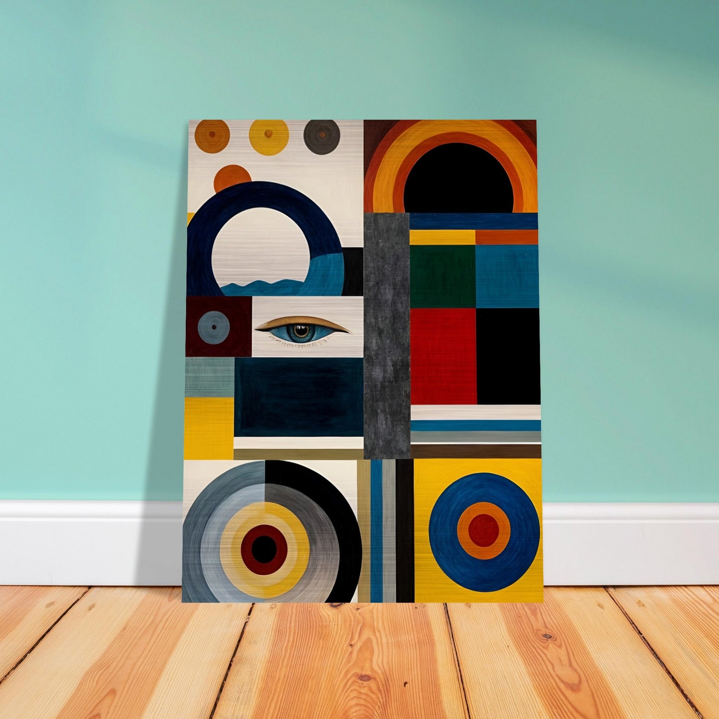 A bold geometric painting featuring an eye, circular and rectangular patterns, and a mix of deep blues, reds, yellows, and neutral tones.