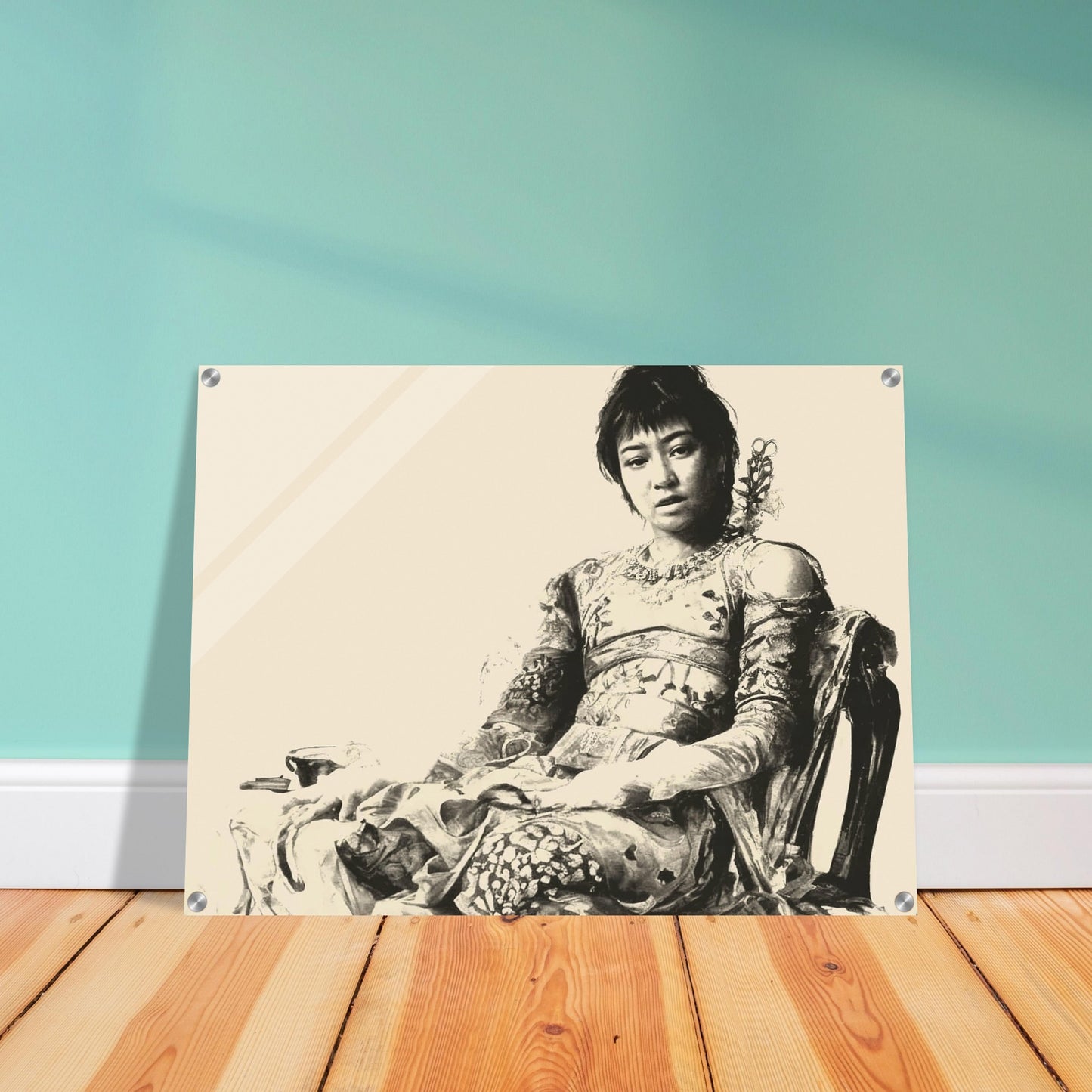 A vintage-style sepia portrait of a seated woman in ornate, intricate clothing, exuding calm grace and poise, captured with a soft, timeless aesthetic.