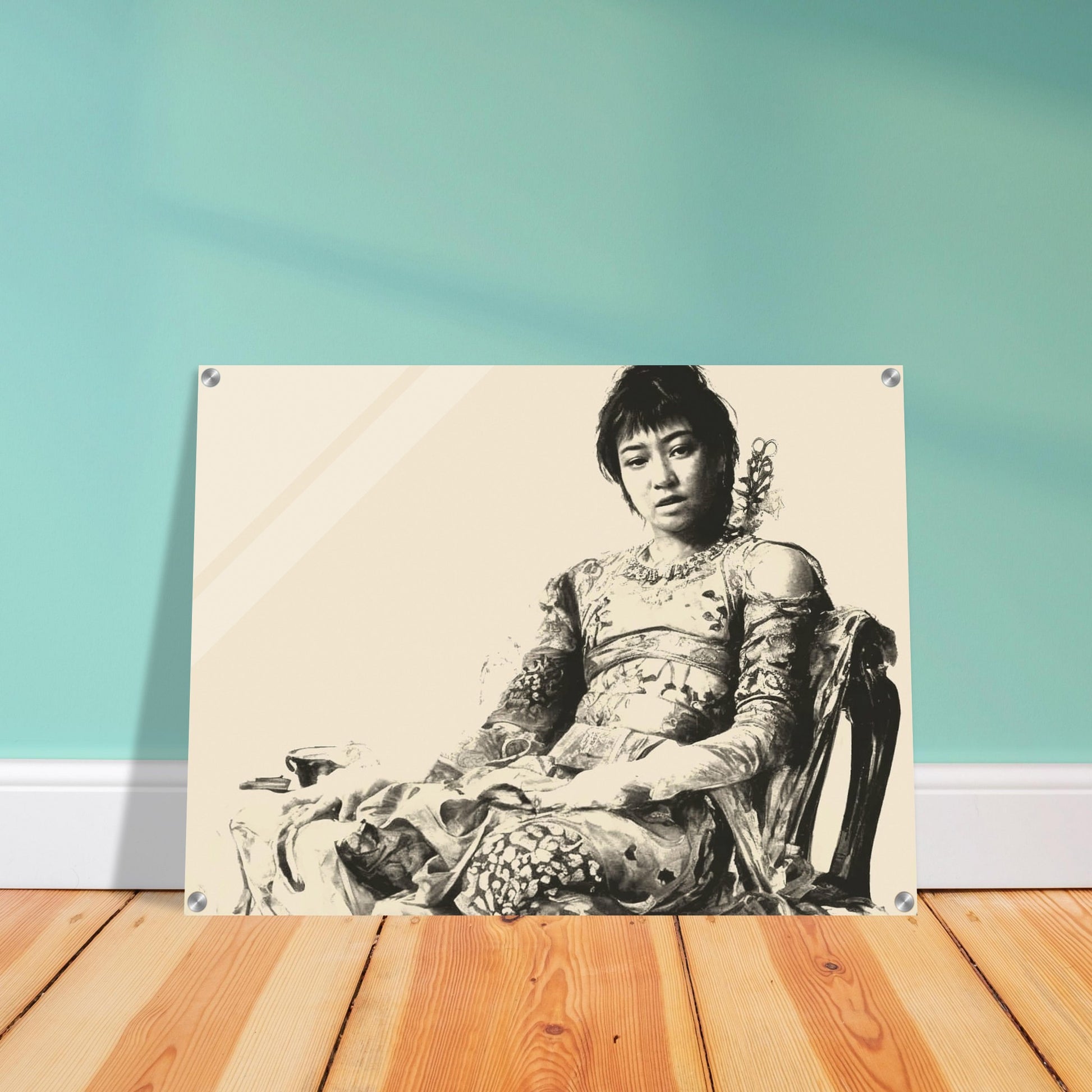 A vintage-style sepia portrait of a seated woman in ornate, intricate clothing, exuding calm grace and poise, captured with a soft, timeless aesthetic.