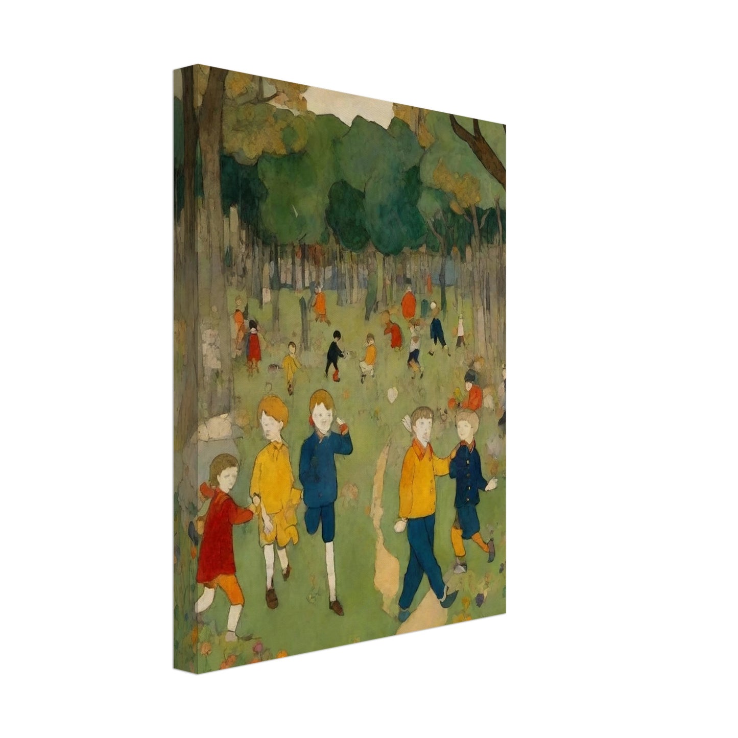 "A nostalgic painting of children playing and exploring in a bright green forest clearing, surrounded by tall trees and colorful wildflowers."