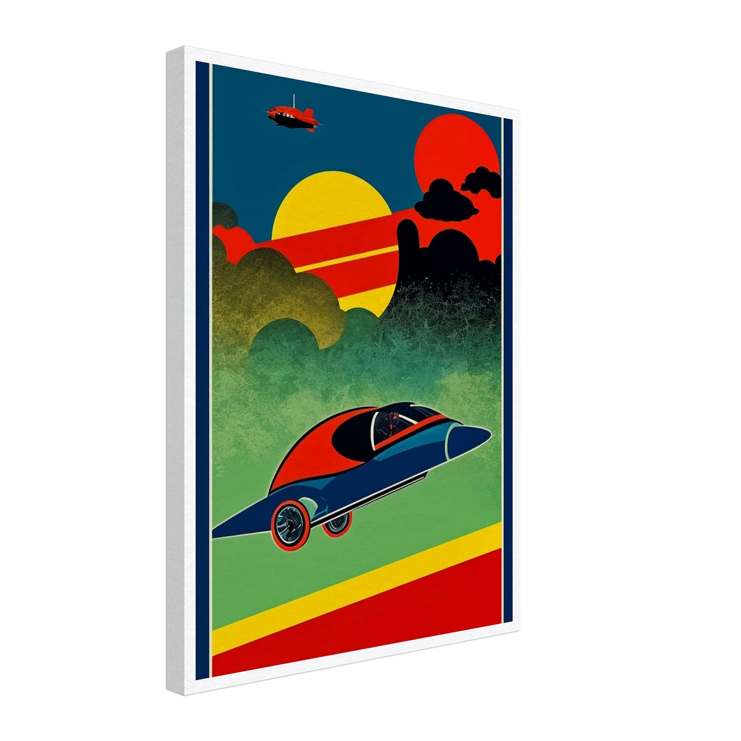 A vibrant, retro-futuristic artwork depicting a sleek, flying car soaring through a colorful sky with bold geometric shapes and a distant plane.