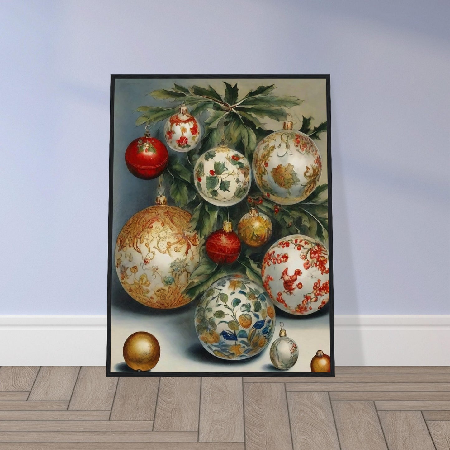 A collection of intricately designed Christmas ornaments in red, gold, and white, adorned with holly and floral patterns, hanging from green branches in an elegant holiday display.