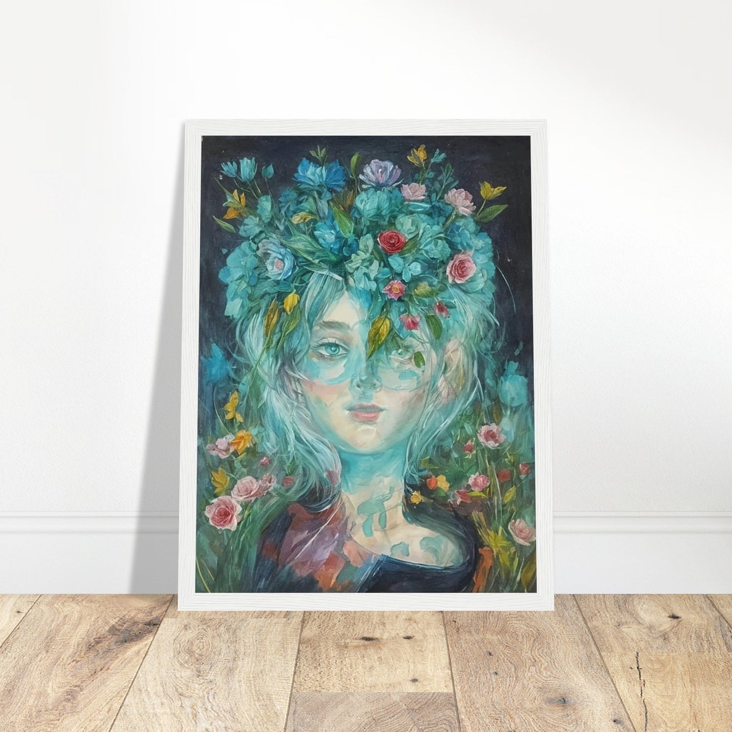 A captivating portrait of a woman with flowers in her hair, blending seamlessly into a vibrant floral background.
