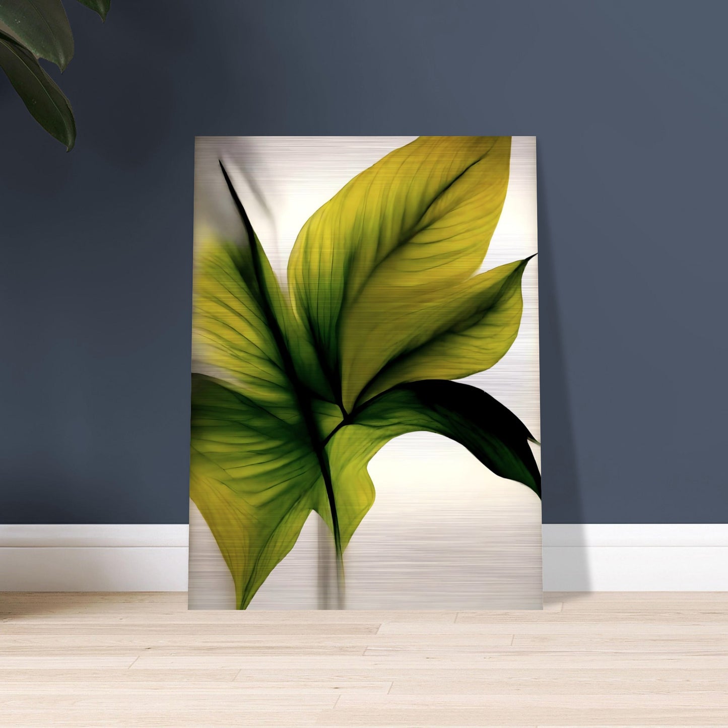 A minimalistic and elegant painting of lush green and golden leaves, highlighting delicate textures and veins against a soft, light background.