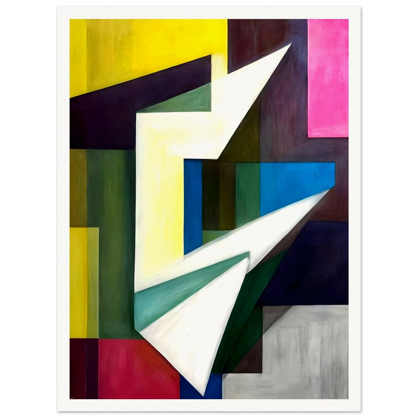 A bold geometric composition featuring sharp angles and planes, with vibrant blocks of yellow, green, blue, and pink forming a dynamic interplay of light and shadow.