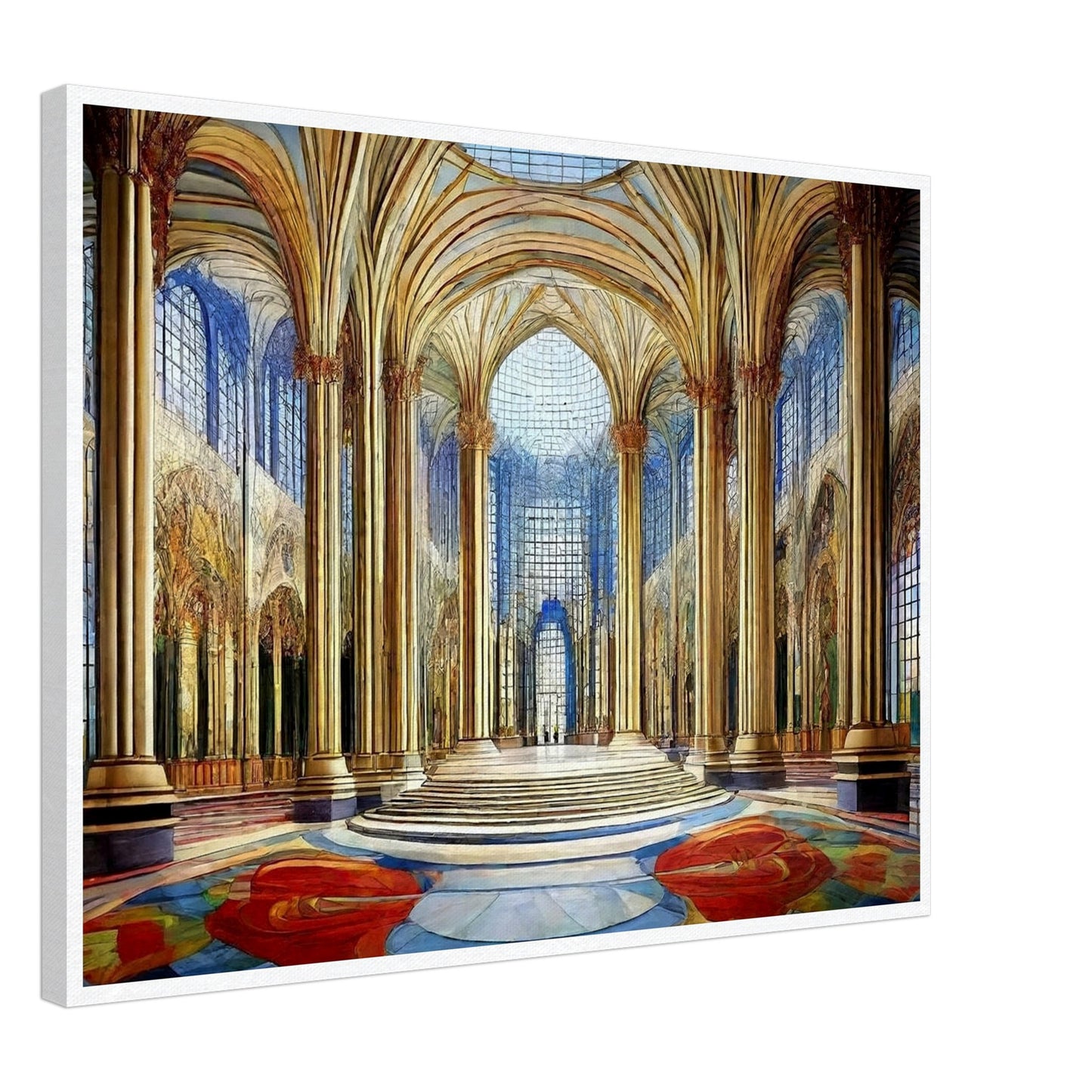 A grandiose hall with towering golden columns, intricate arched ceilings, and expansive windows that fill the space with light and color.