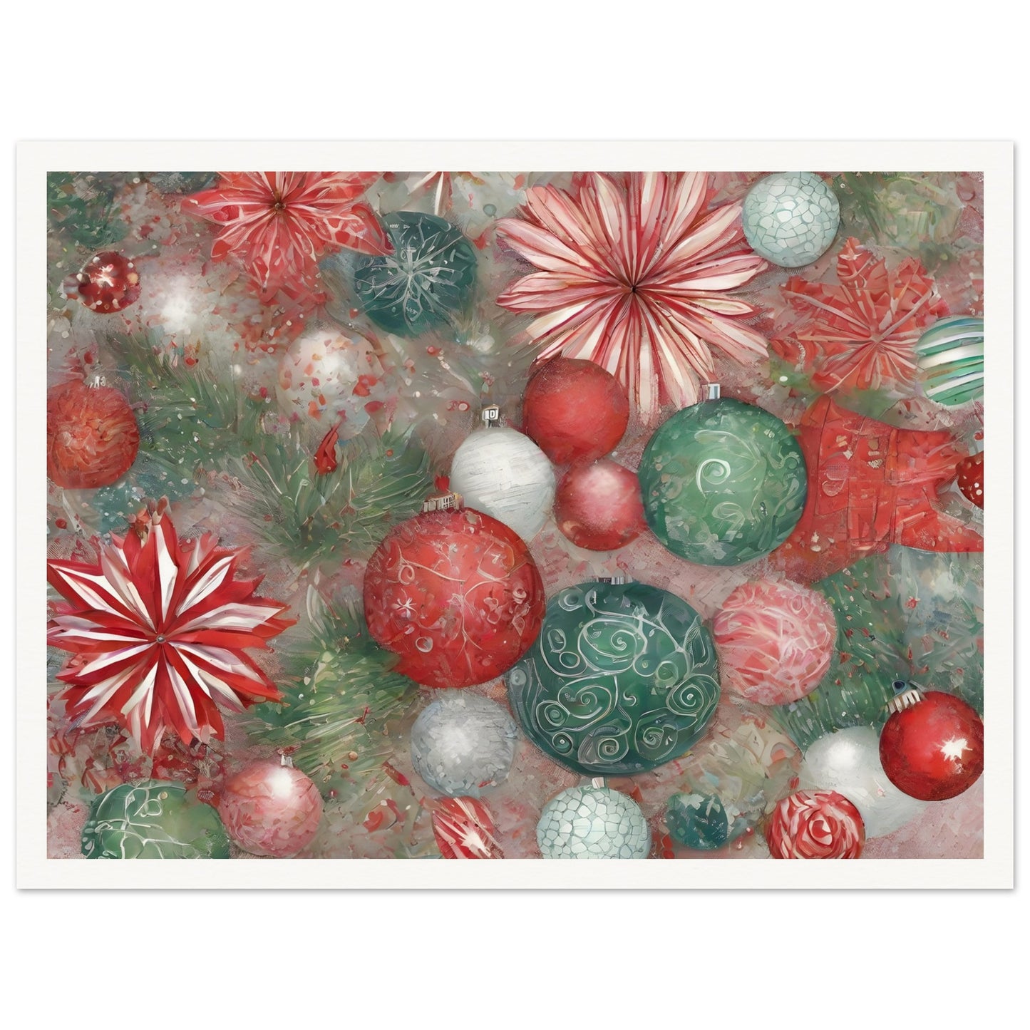 A vibrant festive artwork featuring red, green, and white Christmas ornaments, delicate floral patterns, and evergreen branches, evoking holiday cheer.