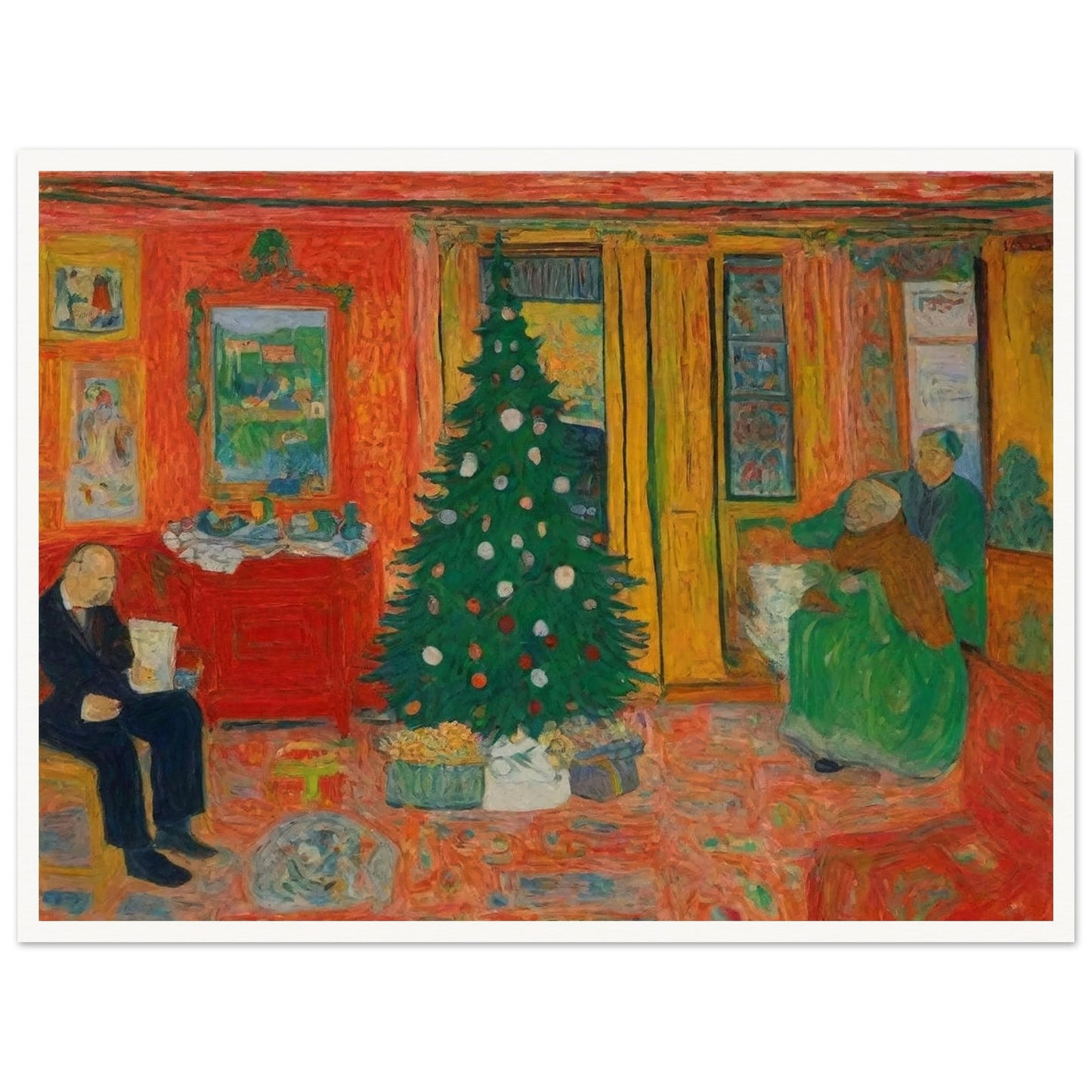 A colorful, cozy living room featuring a decorated Christmas tree, with family members preparing for the holiday in a warm and inviting atmosphere.