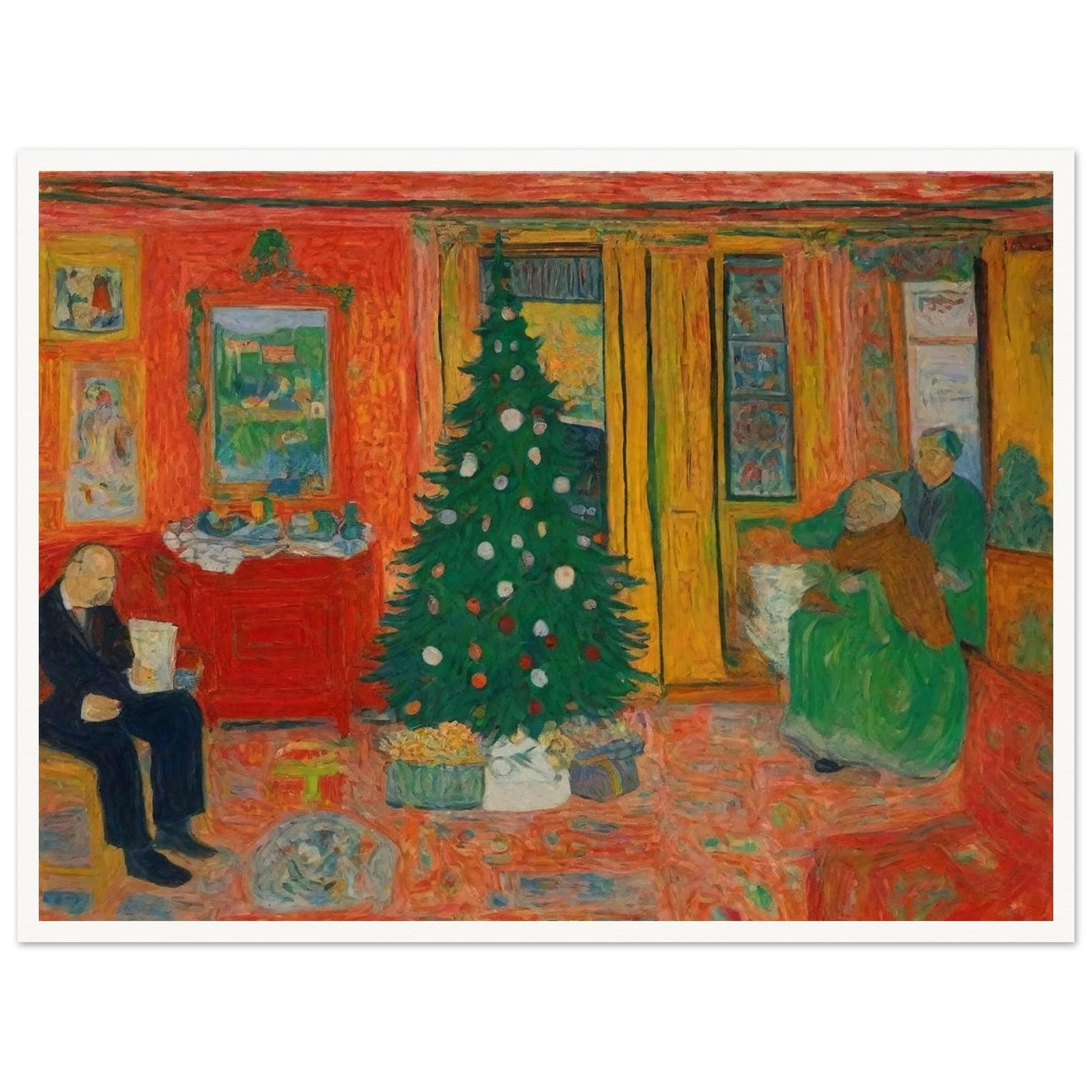 A colorful, cozy living room featuring a decorated Christmas tree, with family members preparing for the holiday in a warm and inviting atmosphere.