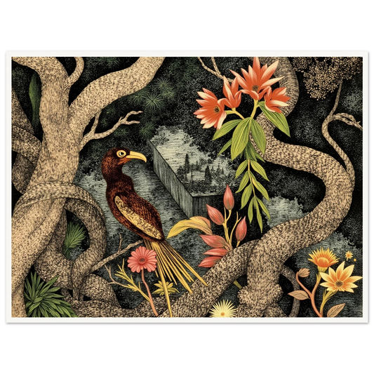 A detailed tropical scene with a bird perched among twisting tree trunks and vibrant flowers, set against a mysterious forest backdrop.