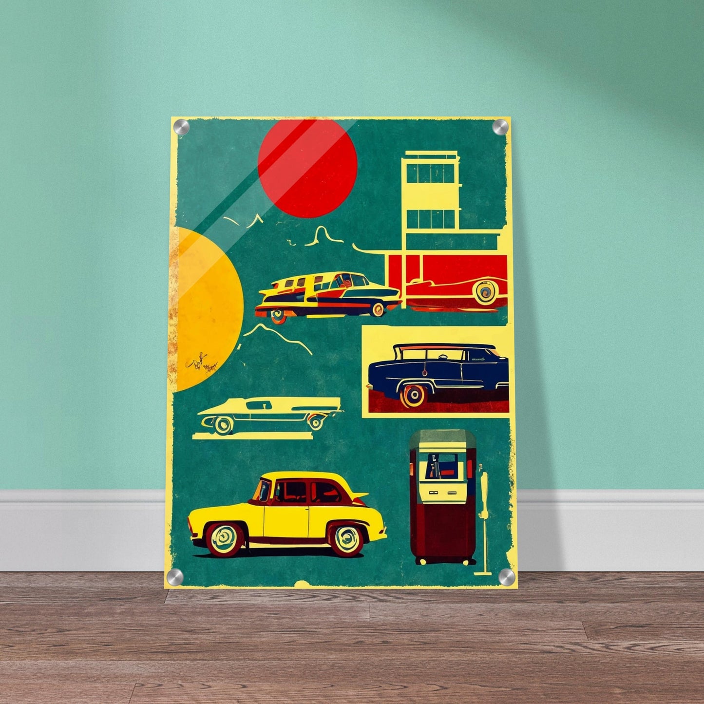 A vibrant artwork featuring classic vintage cars and a retro gas pump in bold colors, set against a backdrop of red and yellow suns.