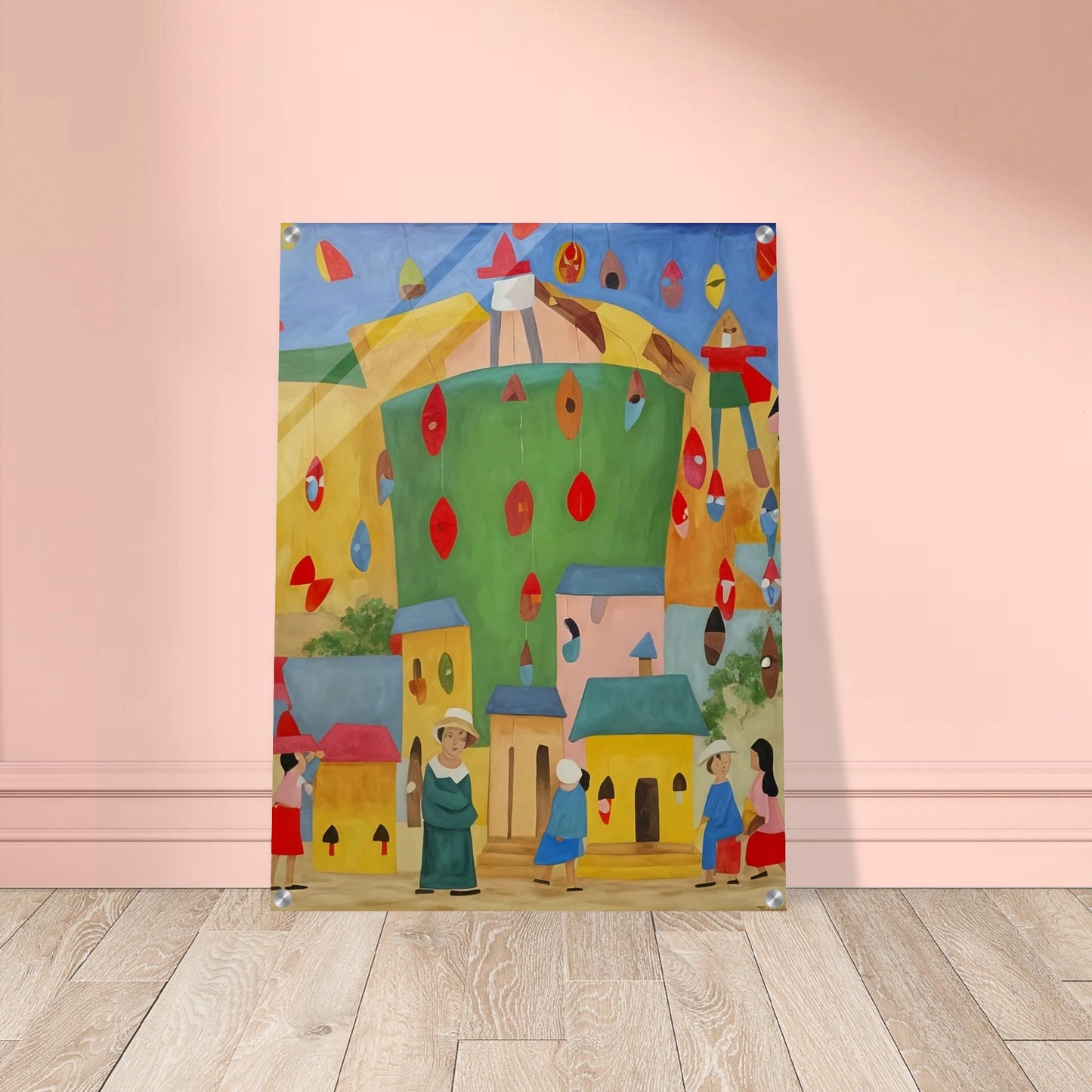 Vibrant painting of a festive village scene with colorful houses and people celebrating under hanging decorations.