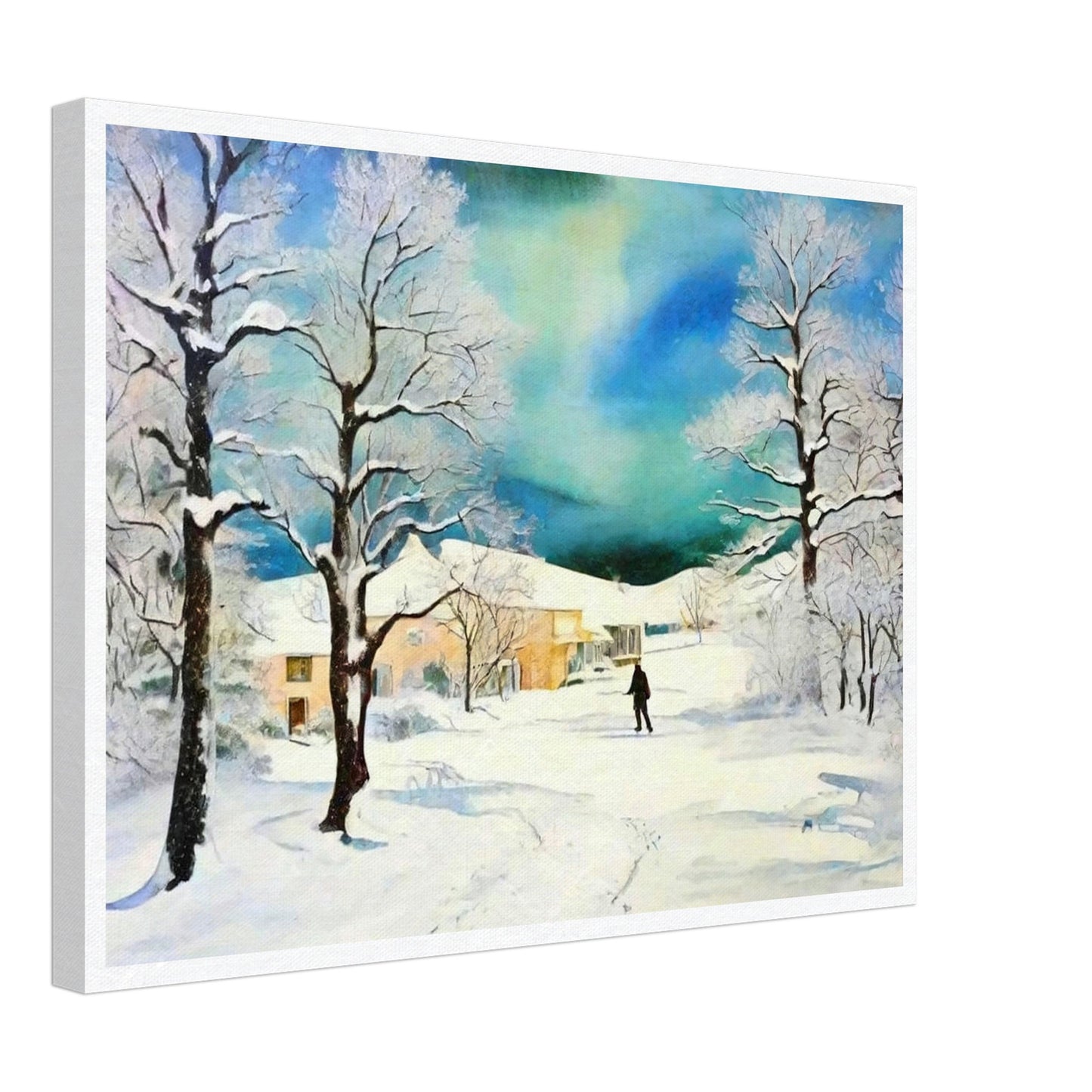 A serene winter landscape featuring snow-covered trees, a lone figure walking through the snow, and warm houses nestled under a stunning blue-green sky.