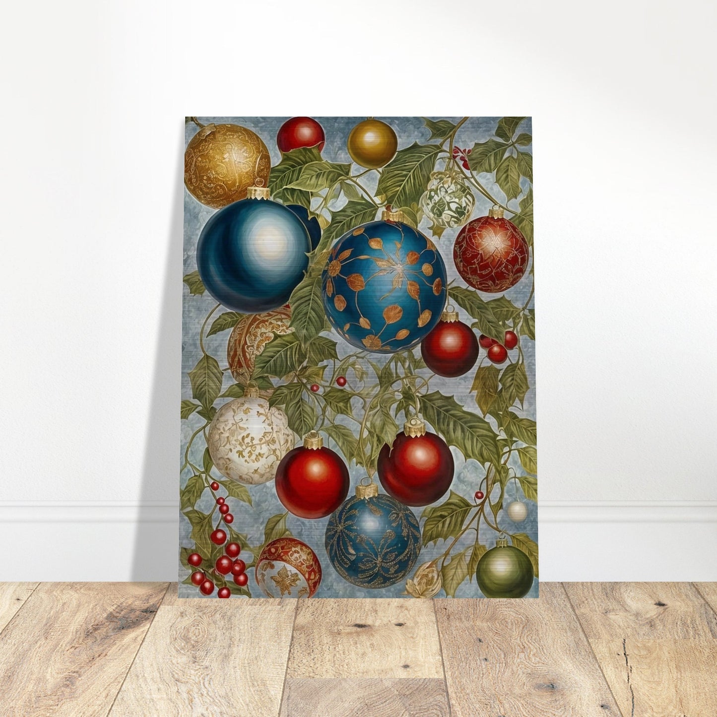 A beautiful arrangement of Christmas ornaments in blue, red, gold, and white, hanging from holly branches adorned with berries, showcasing intricate holiday designs.