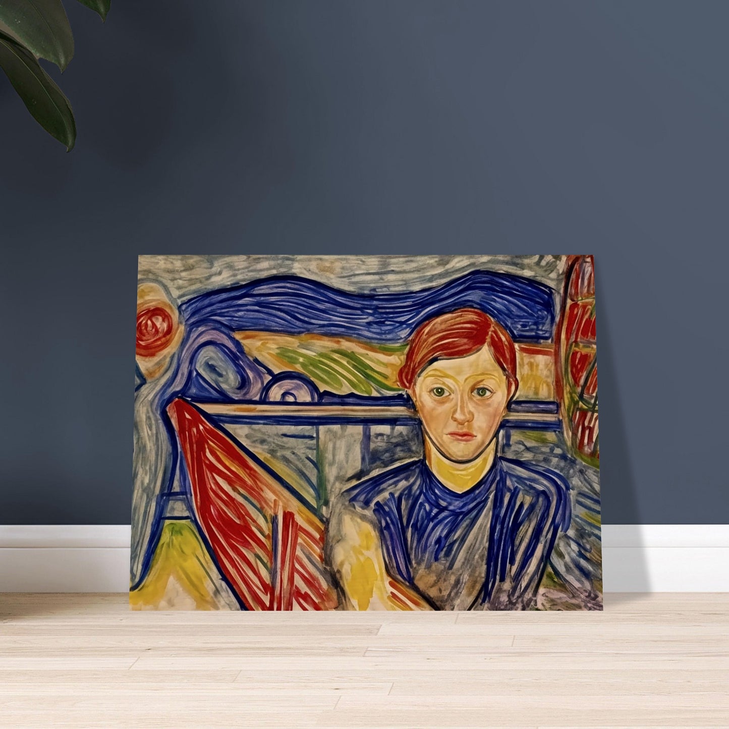 An expressive painting of a figure with red hair, seated against a vibrant background of swirling blue, red, and green brushstrokes, creating a sense of deep thought and inner reflection.
