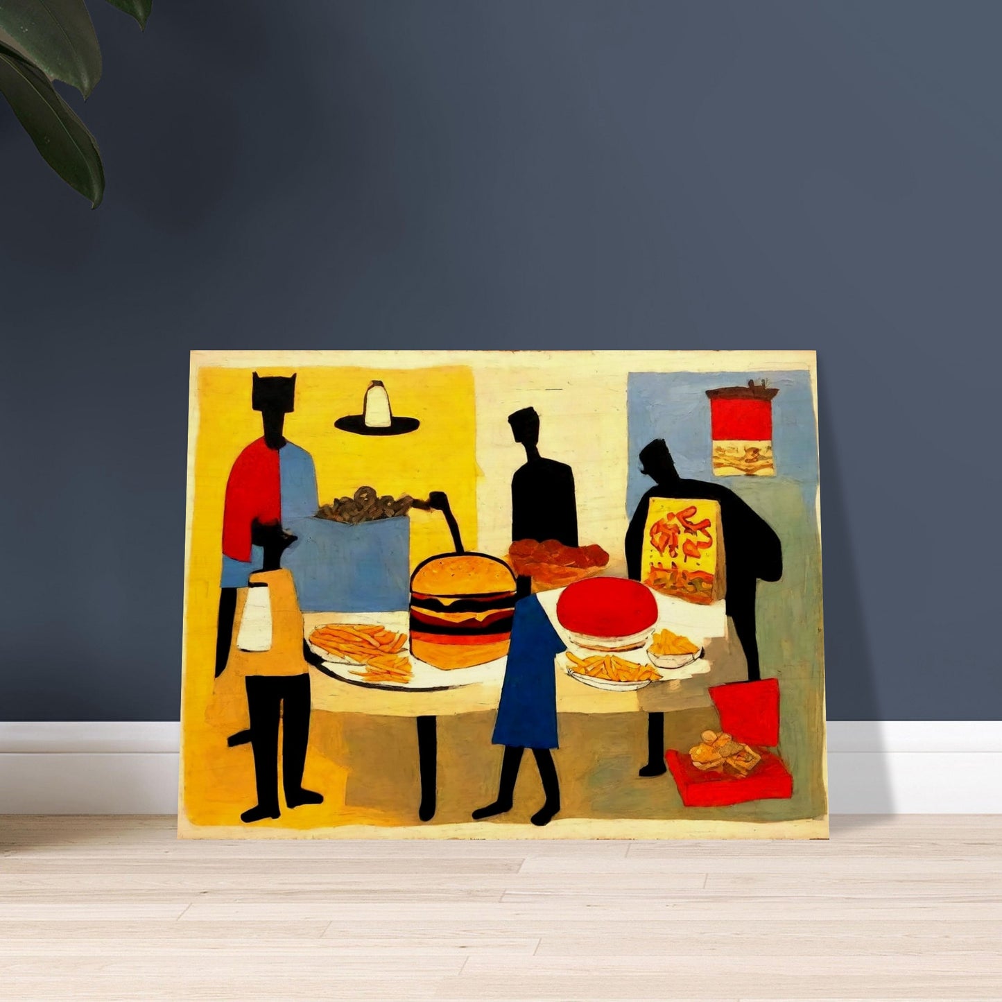 "An abstract painting of figures gathered around a table full of fast food items, including a burger, fries, pizza, and soda."