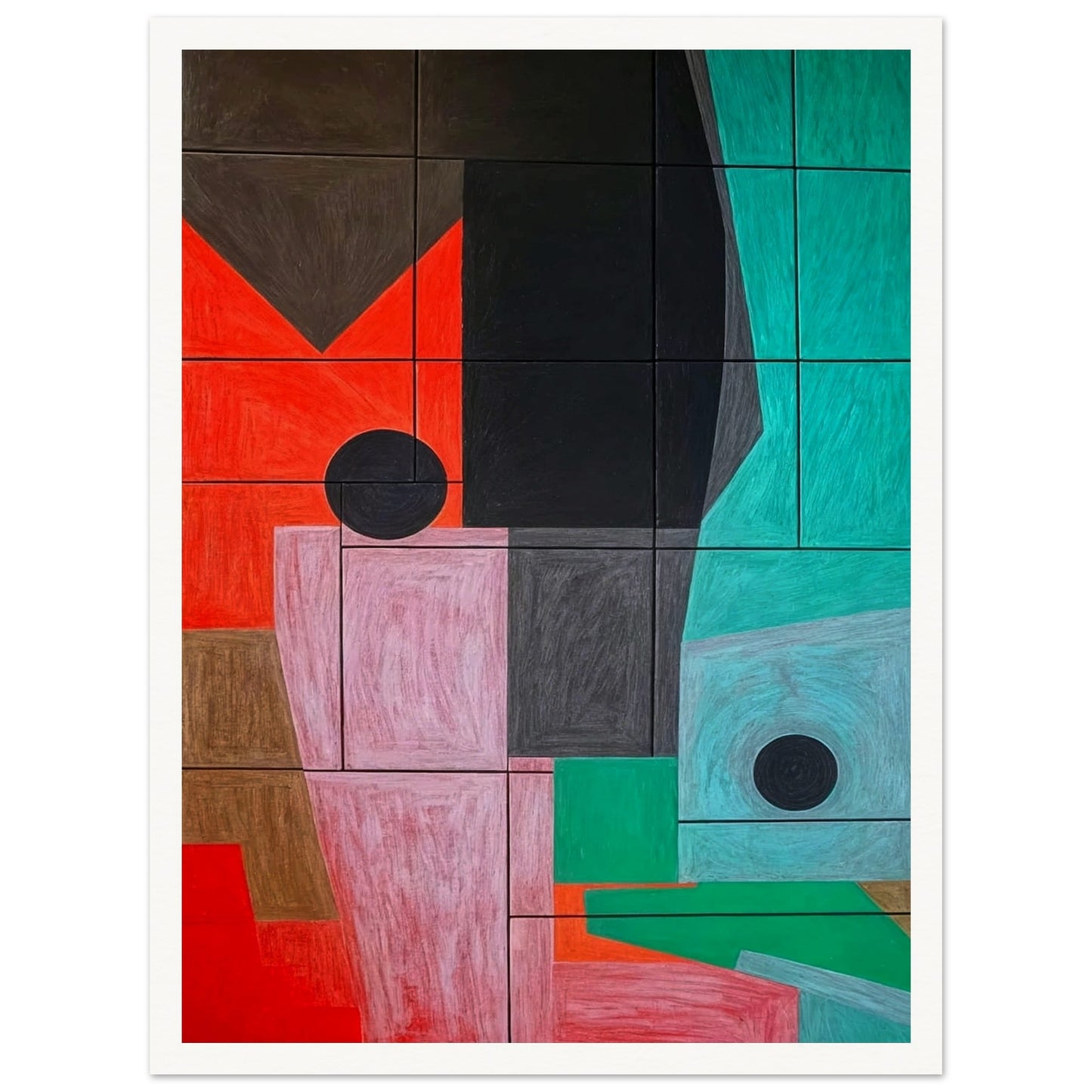 A striking geometric artwork featuring overlapping shapes in shades of red, black, pink, and teal, creating a structured abstract composition.