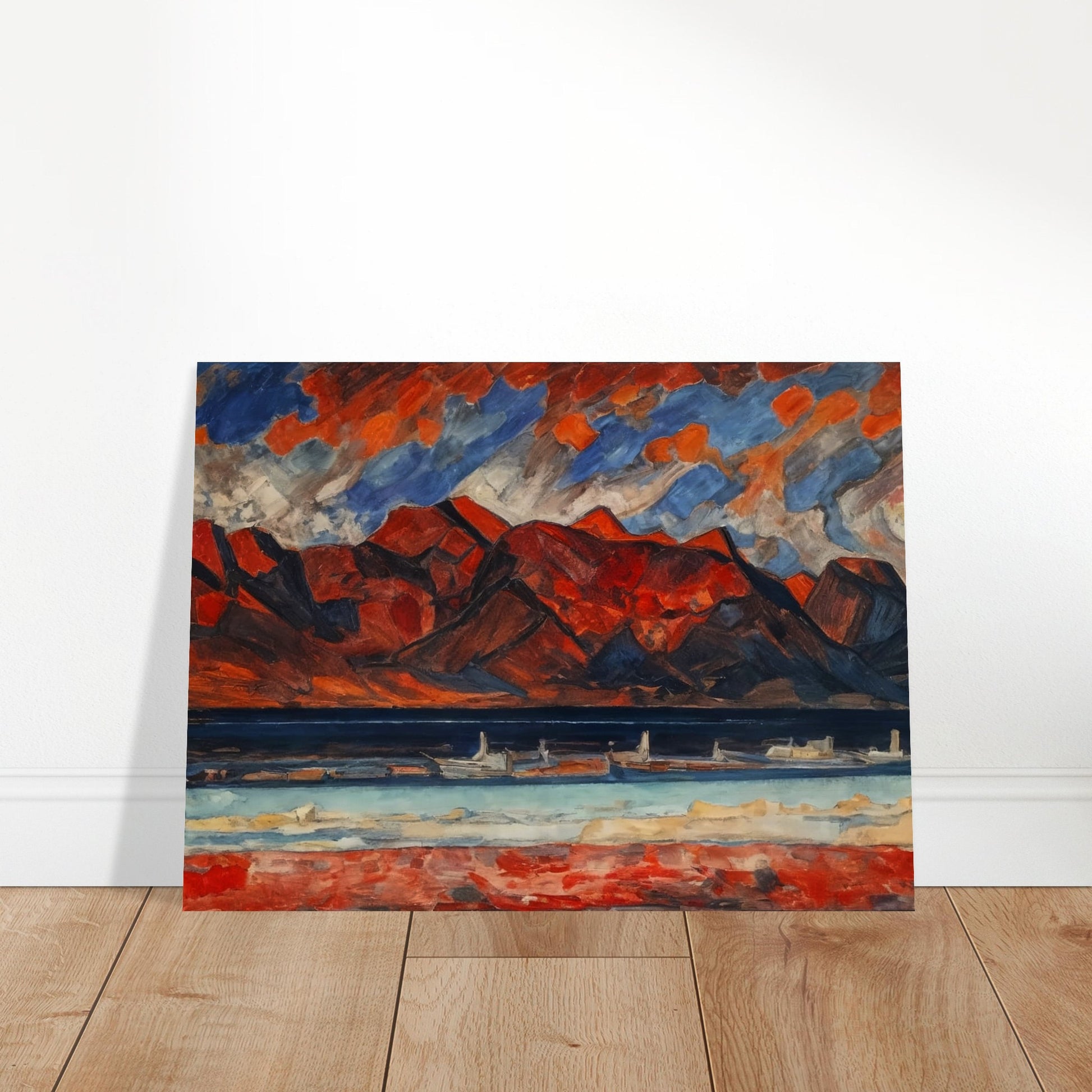 A striking landscape painting with red mountains under a dramatic sky, reflecting vibrant hues in a serene body of water.