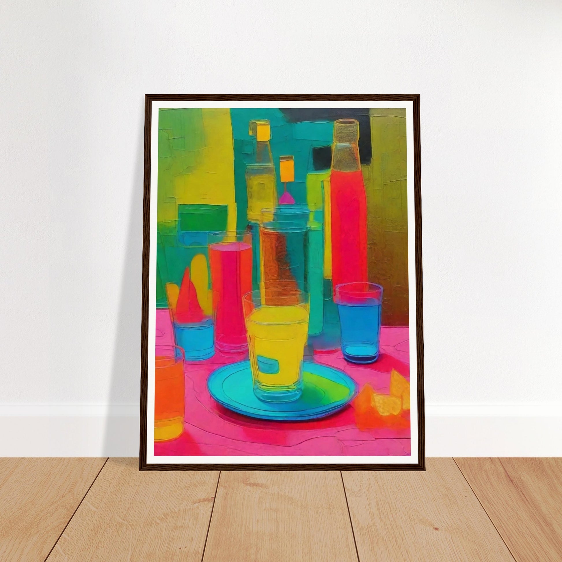 A bold and colorful still life painting with neon hues of pink, yellow, and blue, featuring bottles, glasses, and a plate on a table.