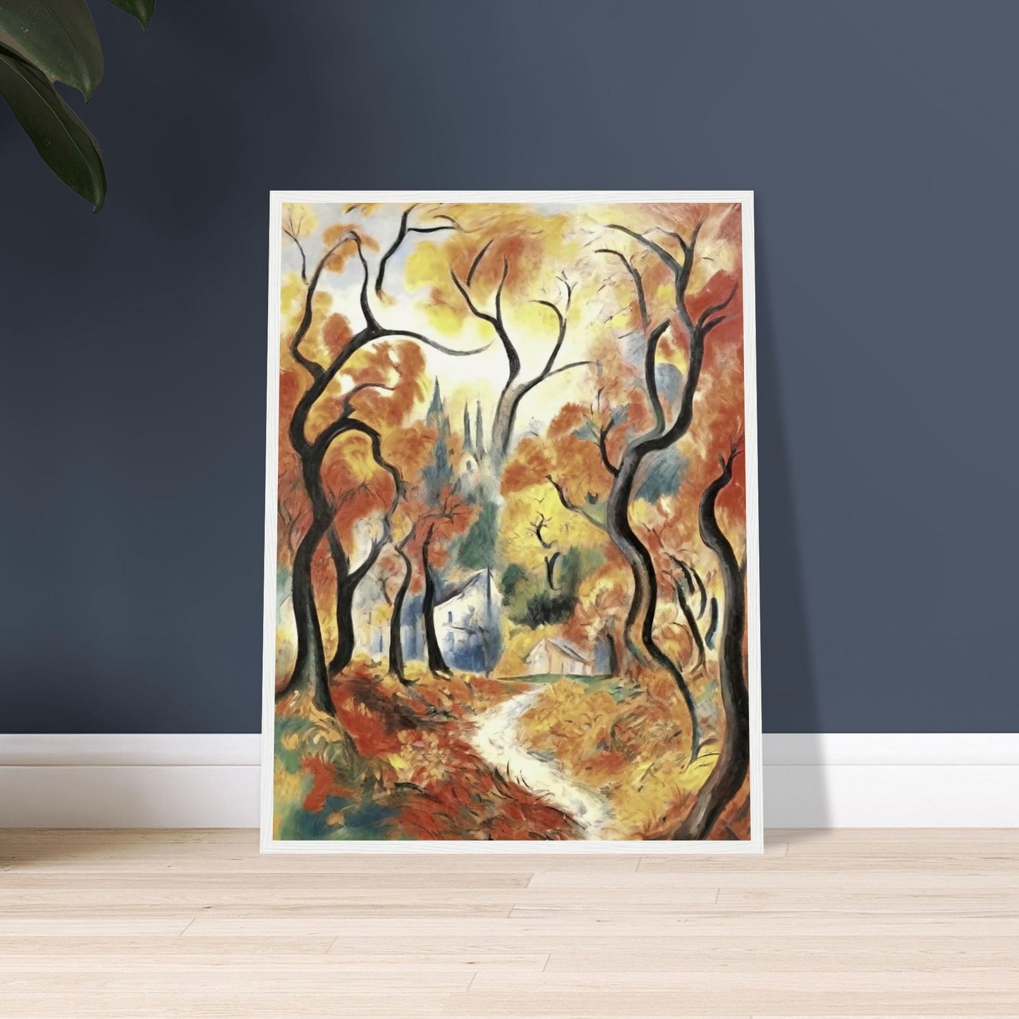 "A vibrant autumn landscape with twisted trees and a winding path leading to a cottage, framed by golden and orange leaves."