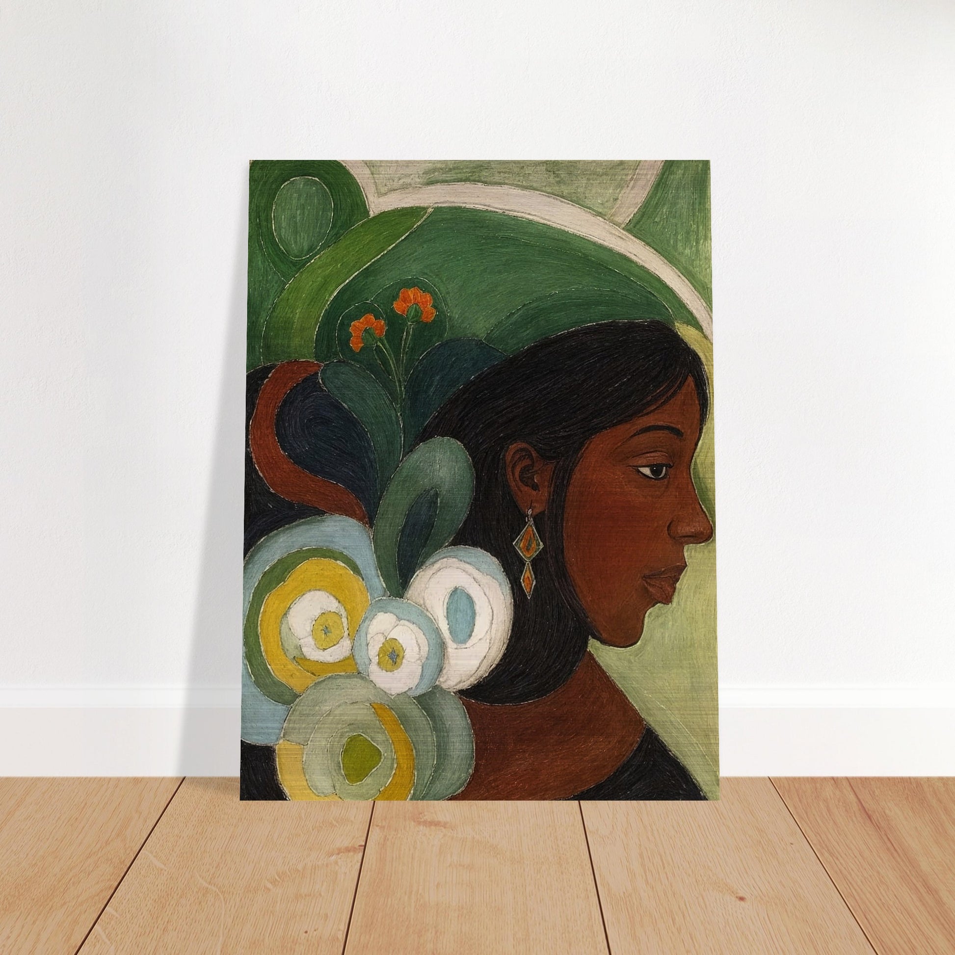 A contemplative portrait of a woman in profile, adorned with vibrant green and floral elements in the background.