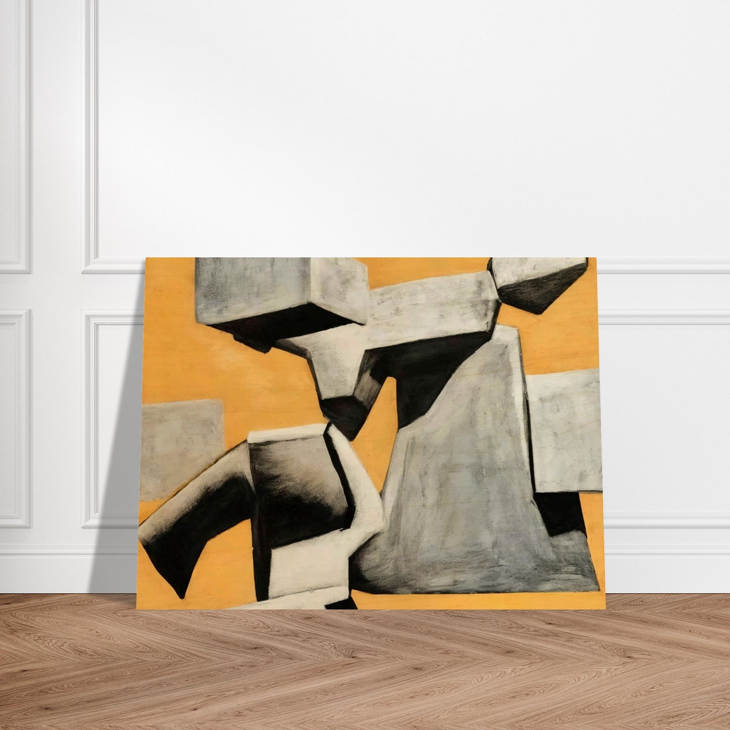 An abstract composition of floating and intersecting gray geometric shapes, set against a warm, textured orange background, creating a sense of movement and contrast.