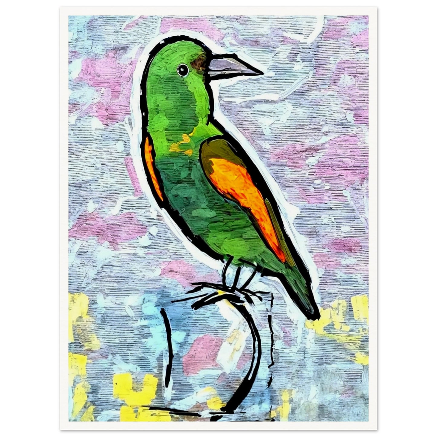 A colorful green and orange bird sits perched against a soft, textured pastel background, highlighting its vibrant feathers and watchful gaze.