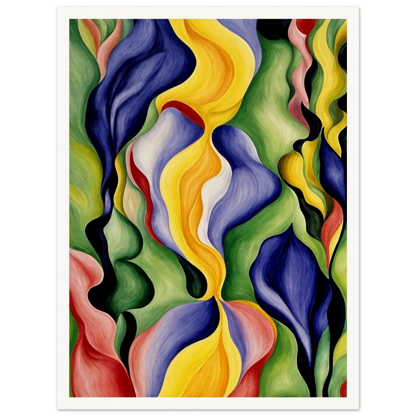 An abstract painting with vibrant, flowing shapes in hues of yellow, blue, green, and red, creating a dynamic and lively composition.