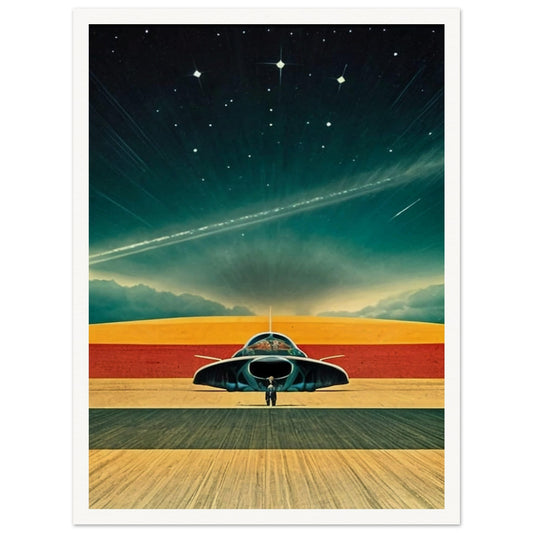 Spacecraft poised on a deserted landscape under a star-studded sky, with a lone figure standing in front, ready to embark on a cosmic journey.
