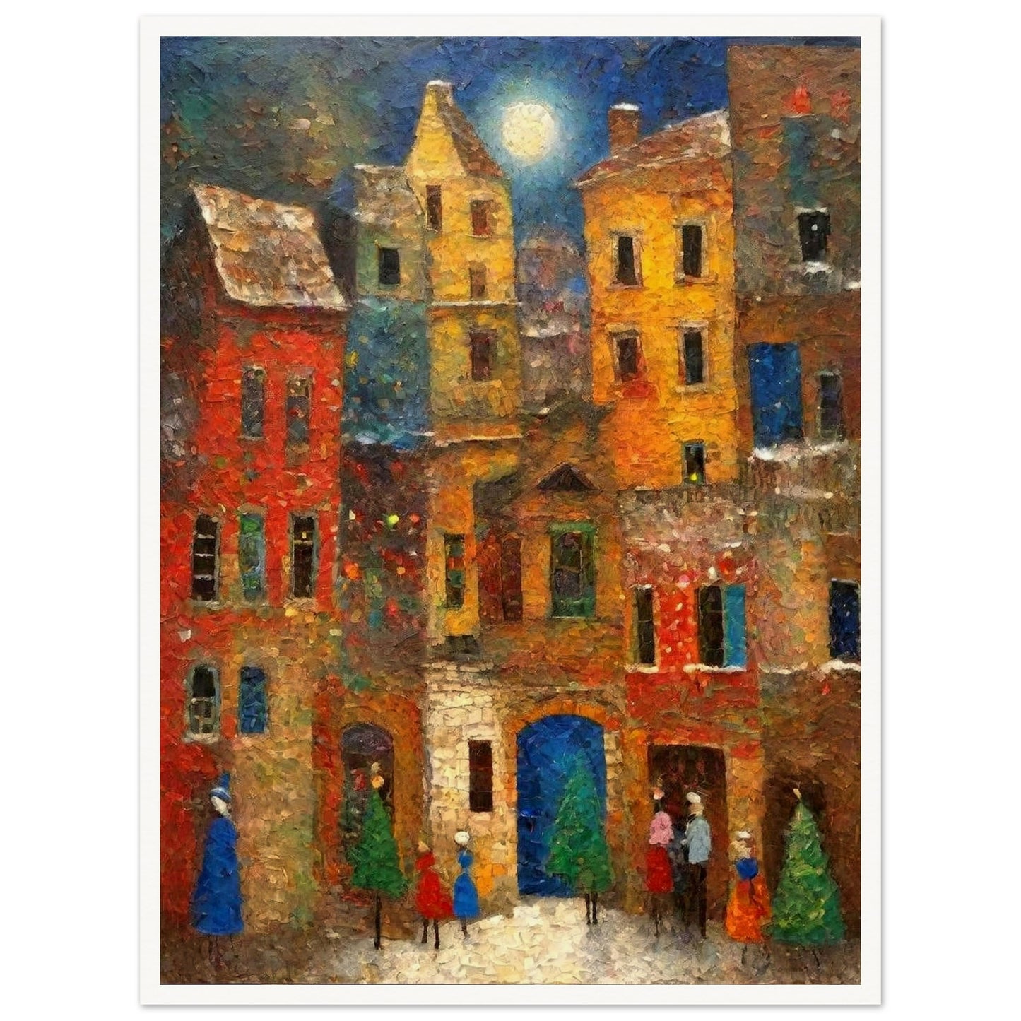 A vibrant village scene under a glowing full moon, with colorful buildings, evergreen trees, and people enjoying a festive atmosphere.