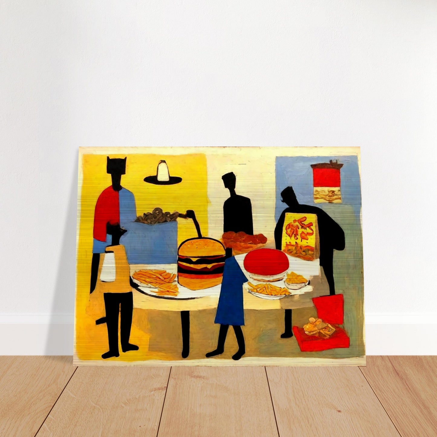 "An abstract painting of figures gathered around a table full of fast food items, including a burger, fries, pizza, and soda."