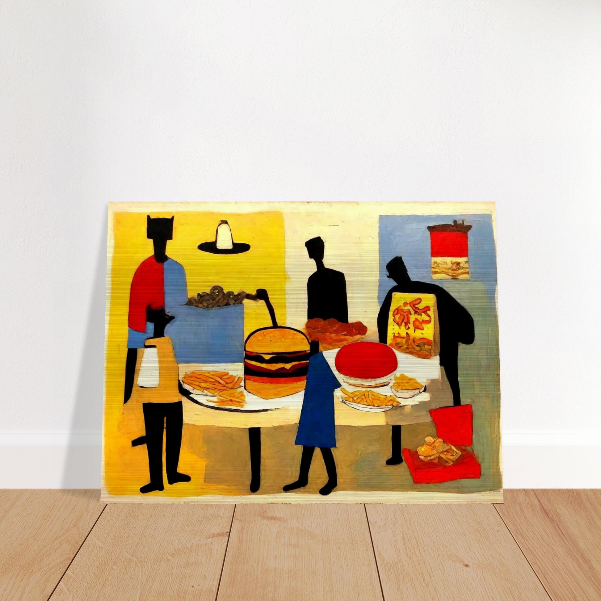 "An abstract painting of figures gathered around a table full of fast food items, including a burger, fries, pizza, and soda."