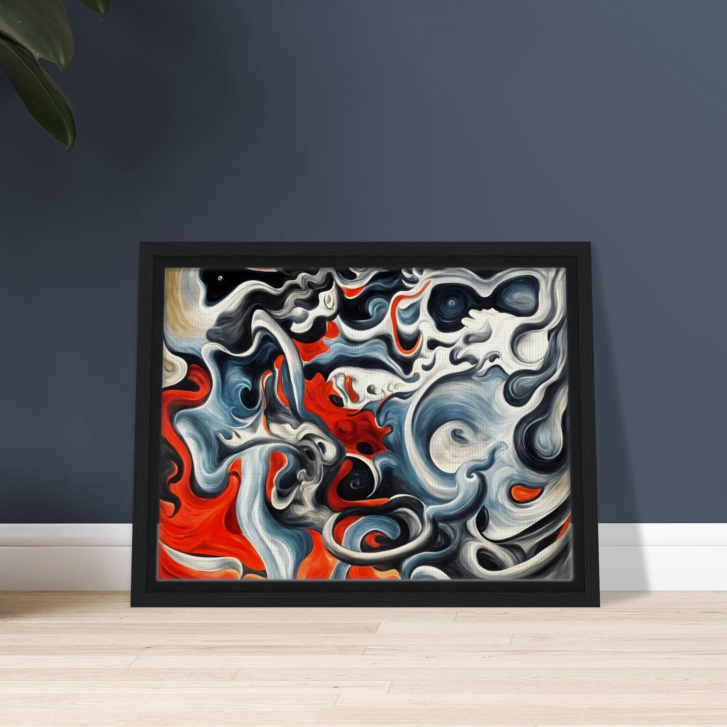 A mesmerizing swirl of red, black, and blue flowing together in a storm-like pattern, evoking a sense of movement and power.