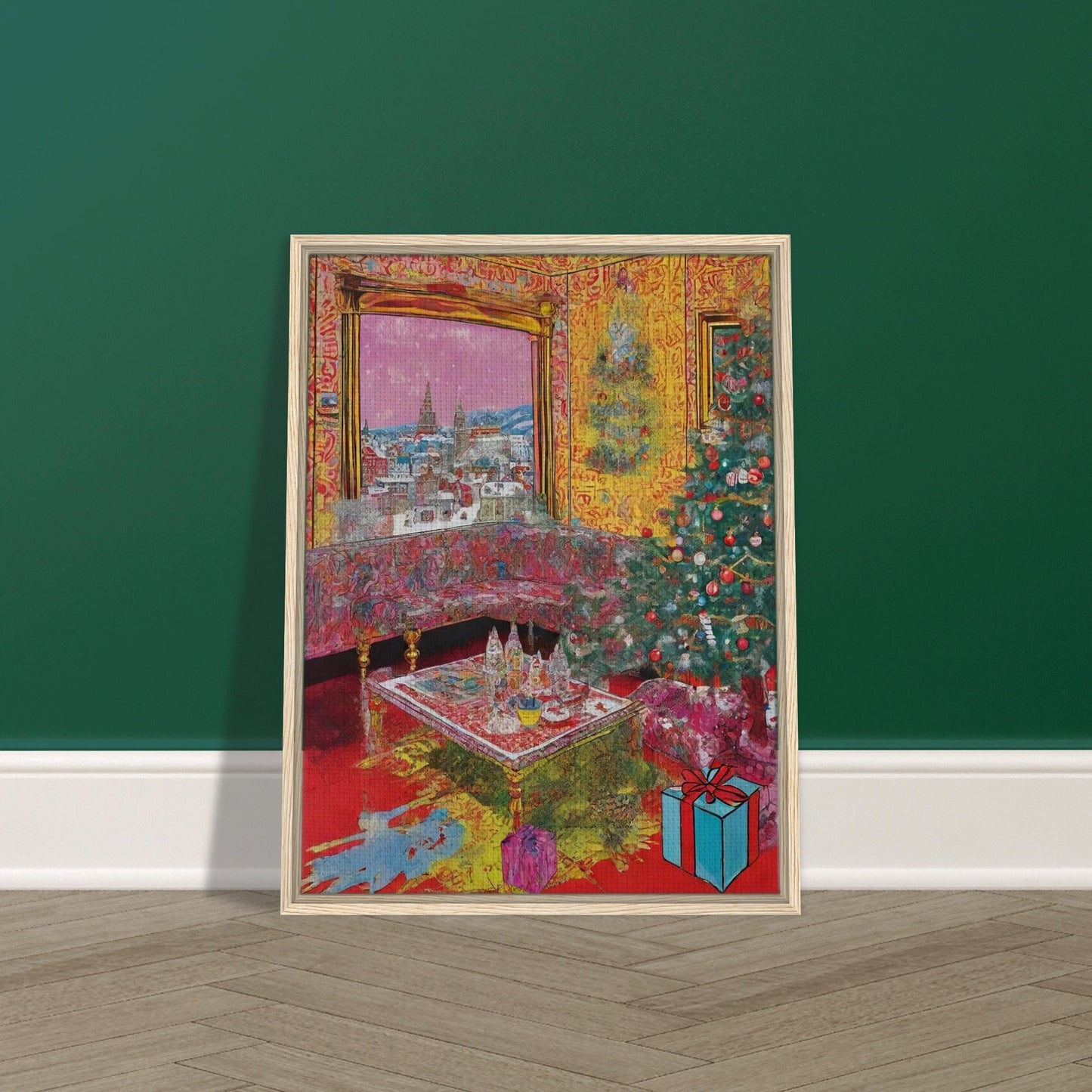 A vibrant living room adorned with a Christmas tree, presents, and festive decorations, featuring a large window showcasing a snowy cityscape with church spires in the distance.