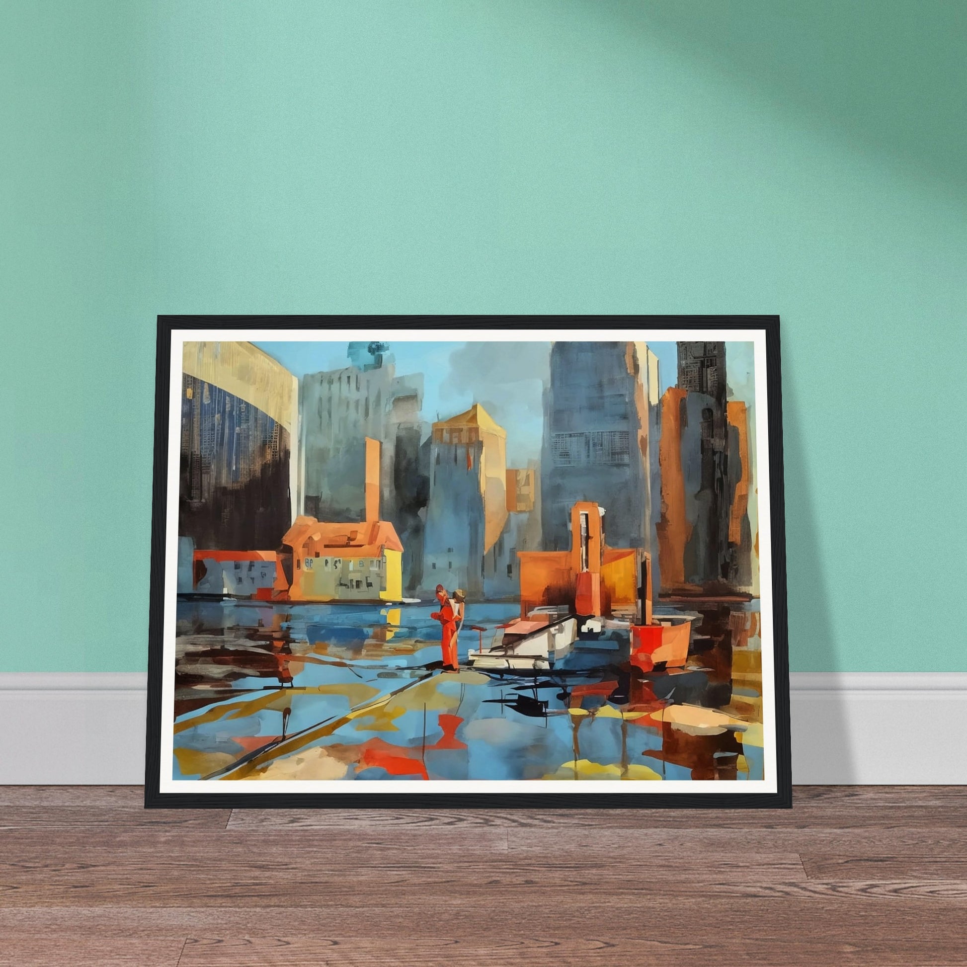 A colorful cityscape featuring tall buildings and a waterfront, with reflections dancing on the water. A person dressed in red stands out amidst the urban environment, creating a dynamic contrast.