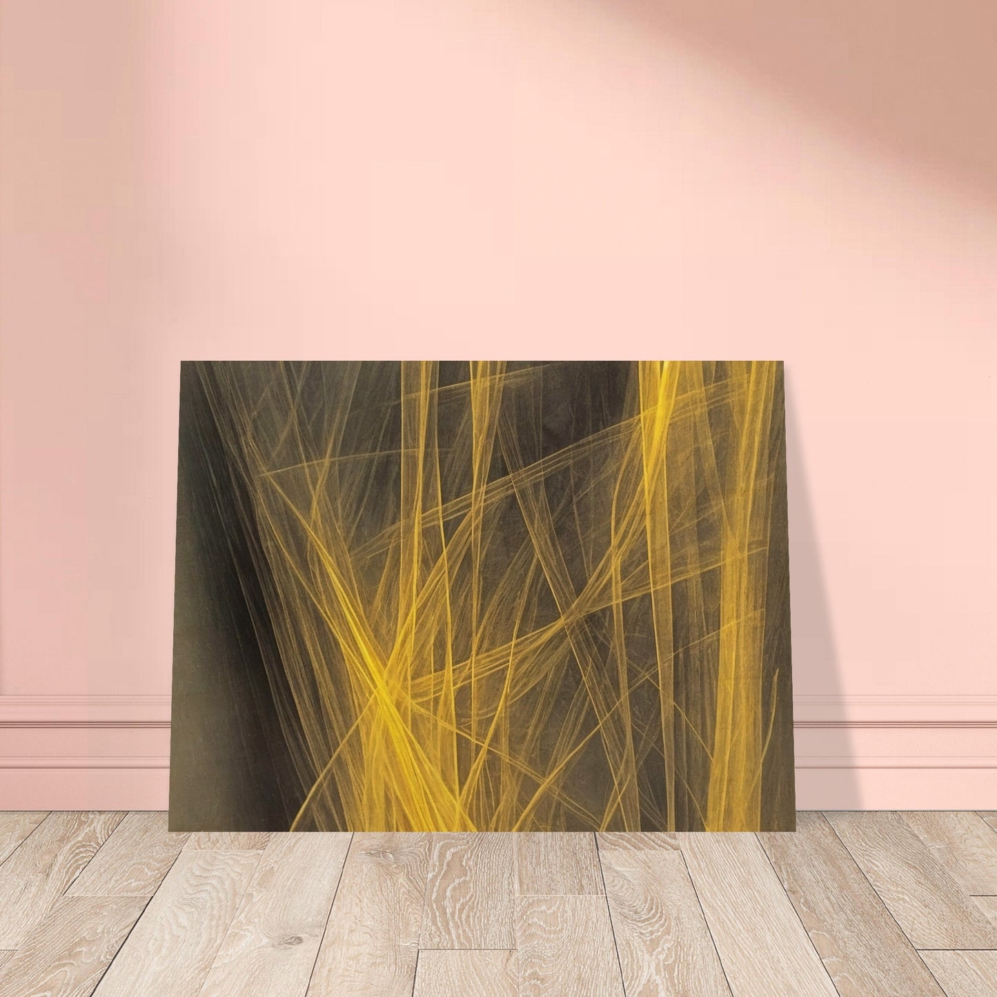 "A striking abstract artwork featuring golden yellow lines interwoven against a dark background, creating an energetic and dynamic visual flow."
